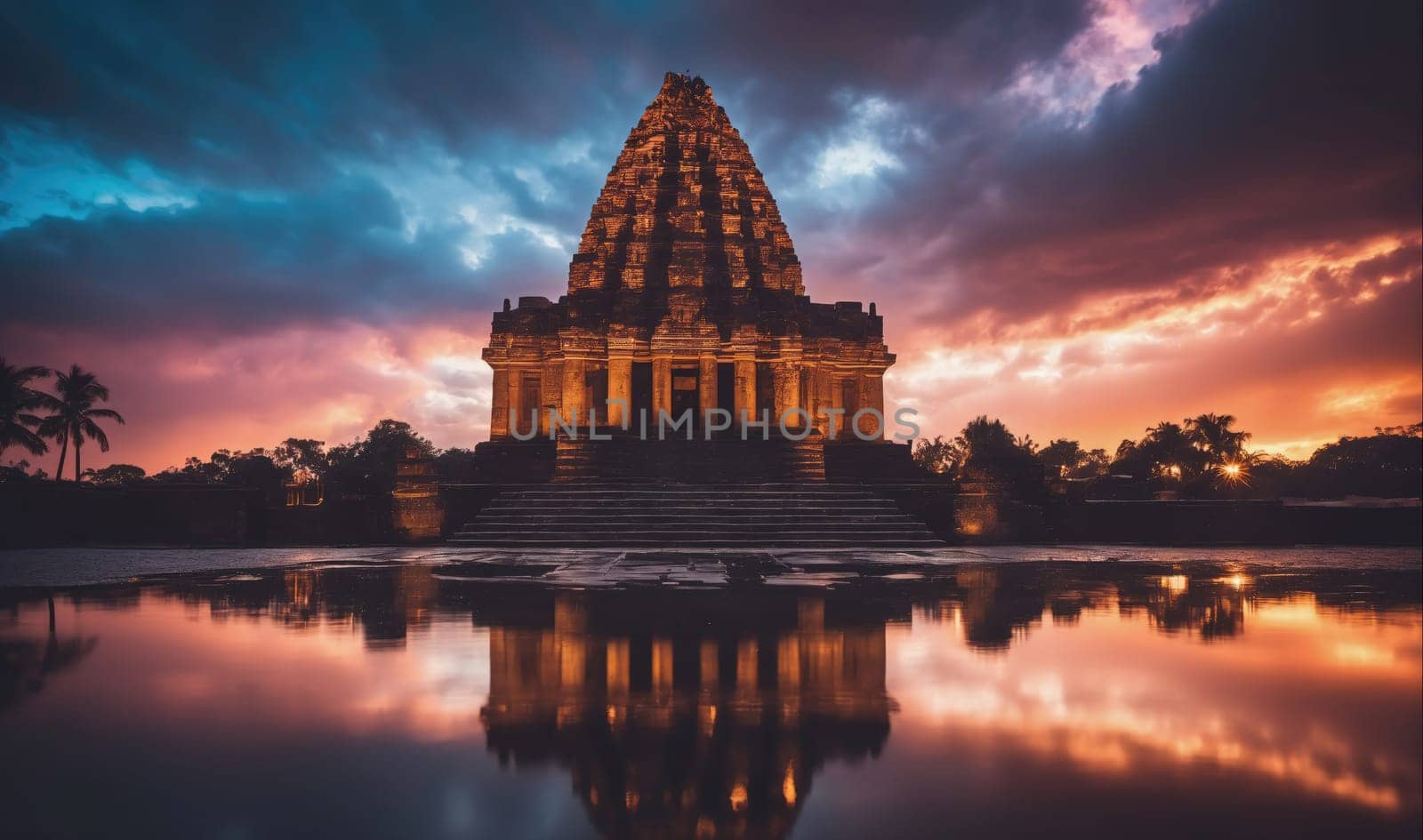 A large, ancient temple stands at the center of the image, with a reflecting pool in front. The temple has a tall, pyramid-shaped tower with many intricate details, and it is lit by the golden light of the setting sun. The sky above the temple is a dramatic mix of dark blue and orange, with fluffy clouds. The reflection of the temple and the sky is visible in the still water, creating a symmetrical and beautiful scene.