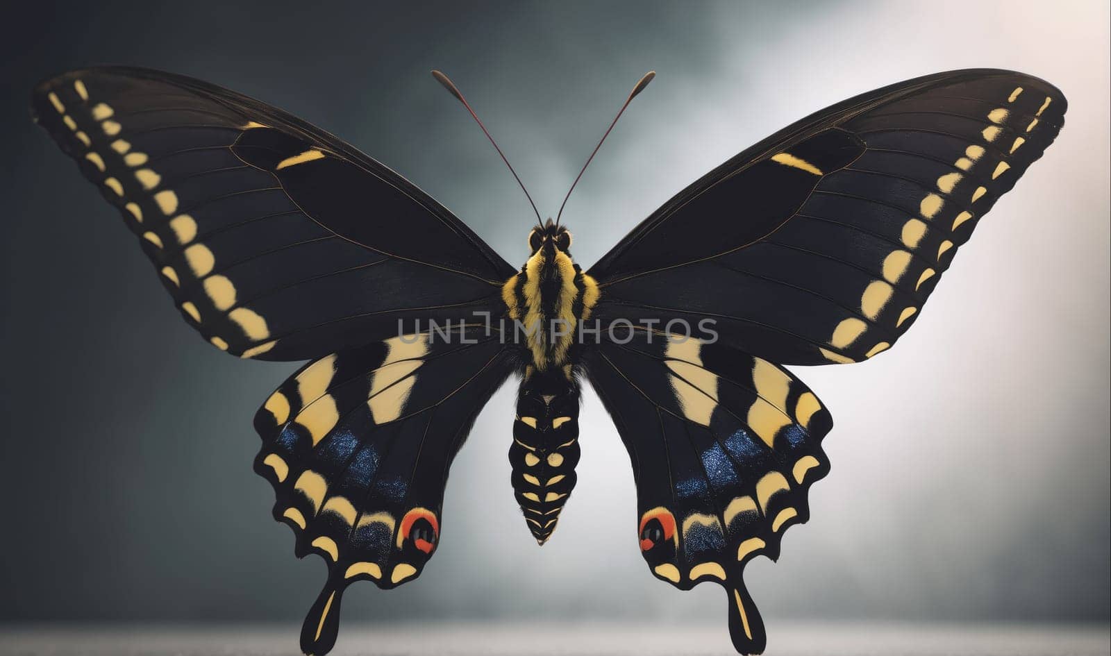 A black and yellow butterfly is shown with its wings open, with red spots on the back edge of its wings. Its wings are spread wide and the butterfly is facing the camera.
