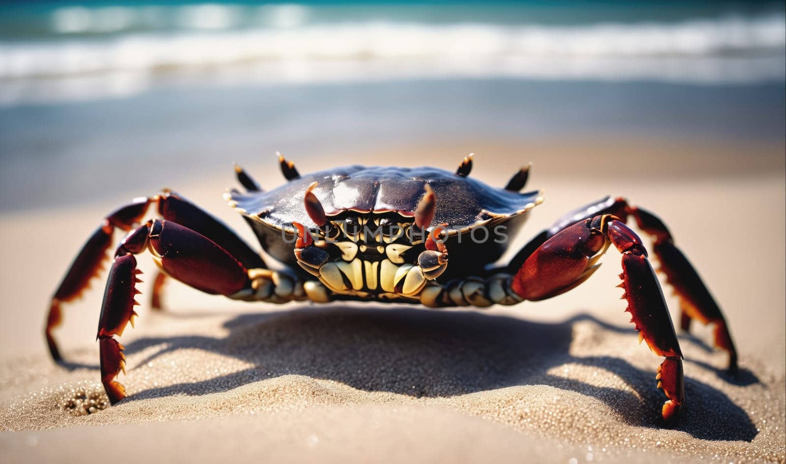 A crab walks along a sandy beach, with the ocean in the background. The crab has a dark blue shell with red and black legs. Its eyes are looking directly at the camera. The sand is a light brown color and the ocean water is a light blue color.