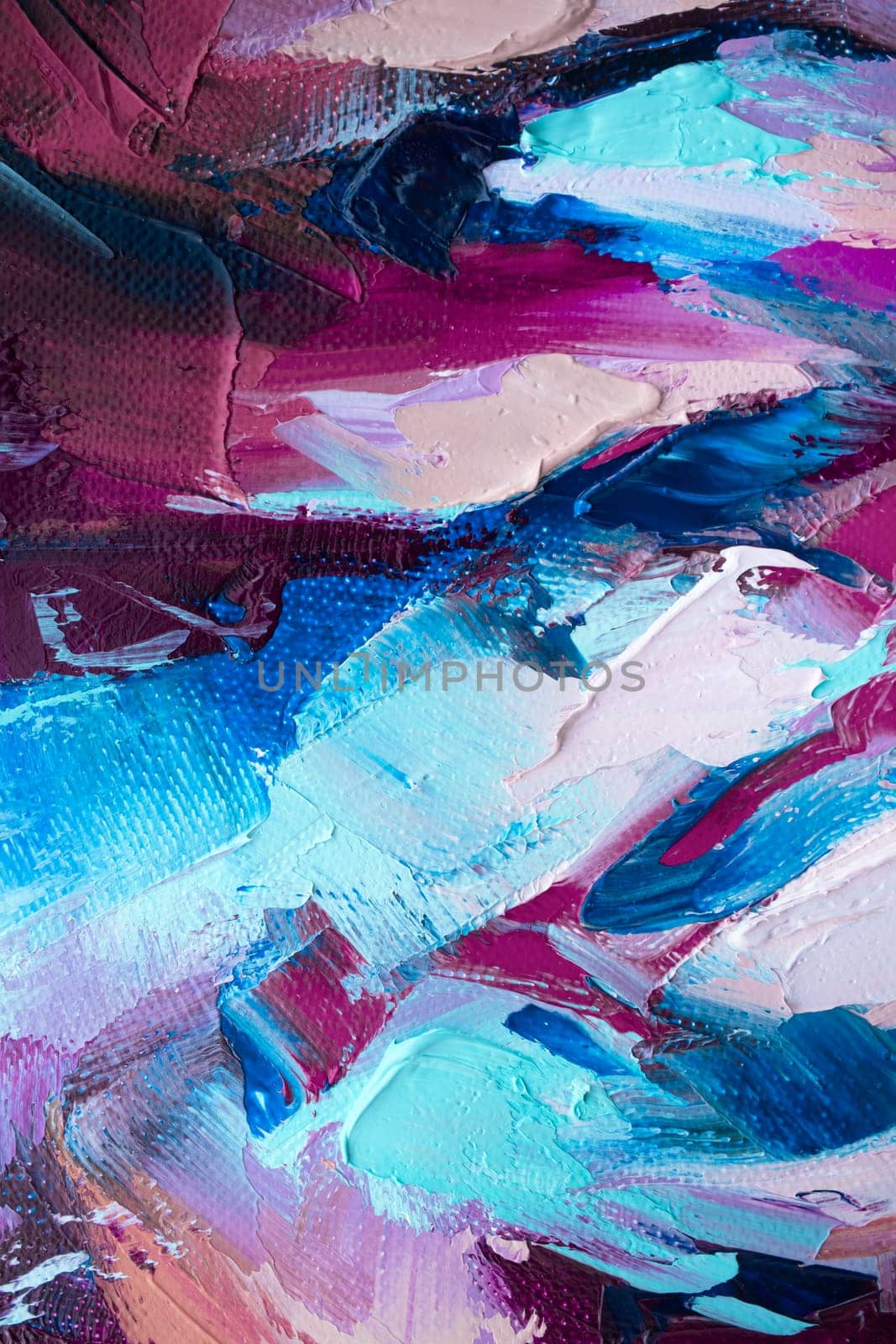 Lively brush strokes create a mesmerizing abstract composition with shades of blue and purple artfully layered on the canvas, revealing depth and movement.