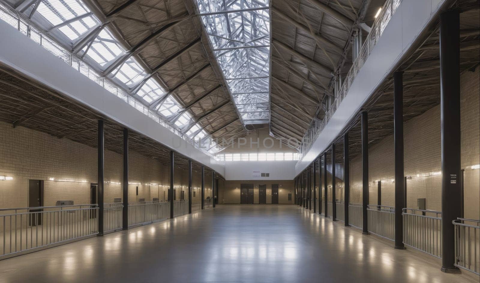 A long, empty hallway inside a building with a glass roof. The hallway is lined with white brick walls and has a metal railing along one side. The roof is made of glass panels, allowing natural light to filter through. The floor is polished concrete.