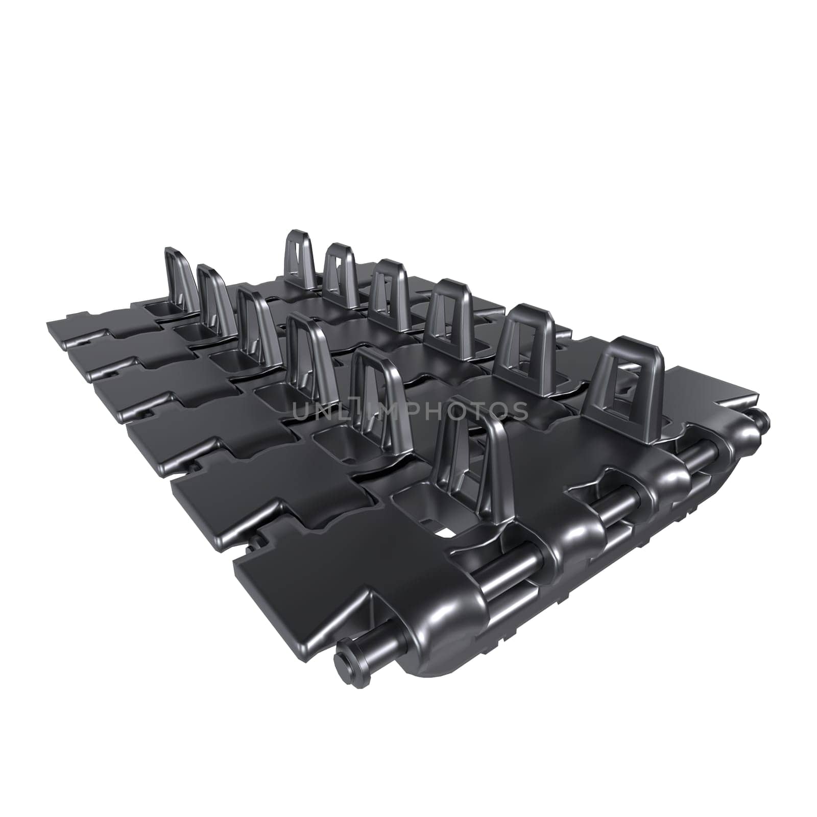 A 3D rendering showcases a series of black plastic tiles interlocked together on a flat surface.