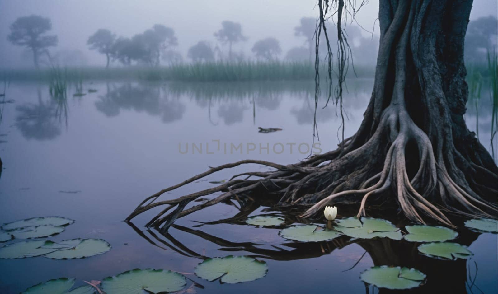 The roots of a tree, which is standing on the shore of a lake, stretch out over the water. The lake is covered in fog and several lily pads are floating on the surface.