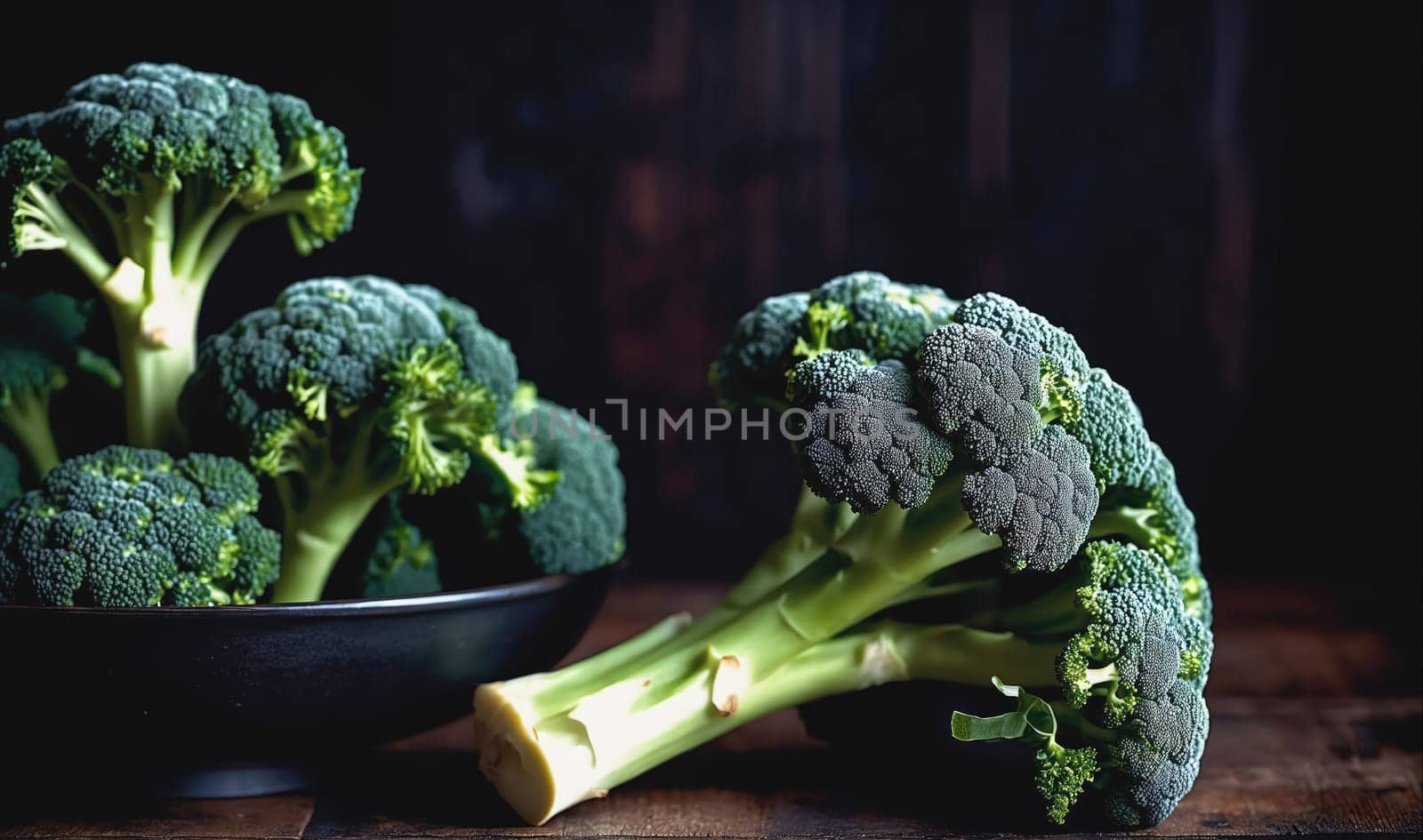 A bowl of broccoli florets sits on a wooden surface next to two additional florets. The florets are green and are arranged in a way that shows their stems and florets.