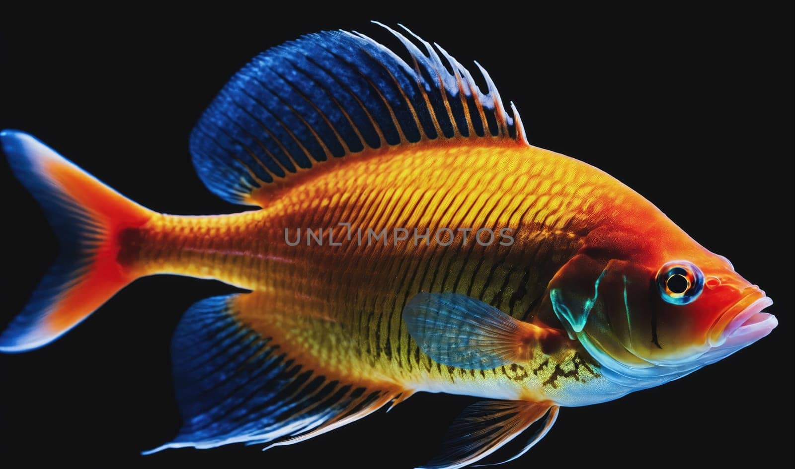 The image depicts a colorful fish swimming in a dark setting. The fish has a dark blue dorsal fin, a yellow and orange body with vertical stripes, and a red tail. Its scales appear iridescent in the light. The fish's large eye is prominent, and it appears to be looking off to the side.