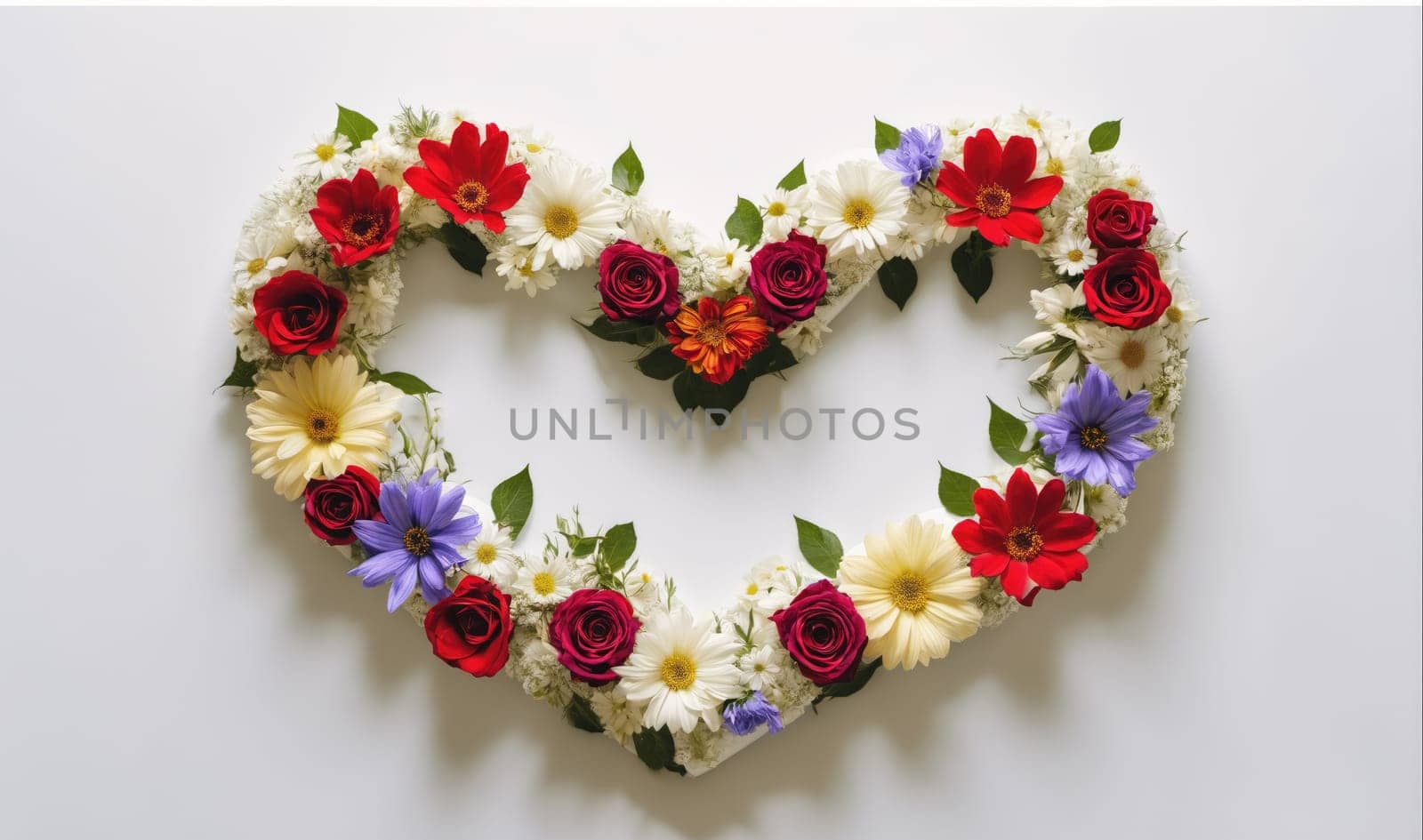 A heart-shaped arrangement of flowers, composed of red roses, white daisies, purple and blue flowers, and green leaves, is positioned on a white background.