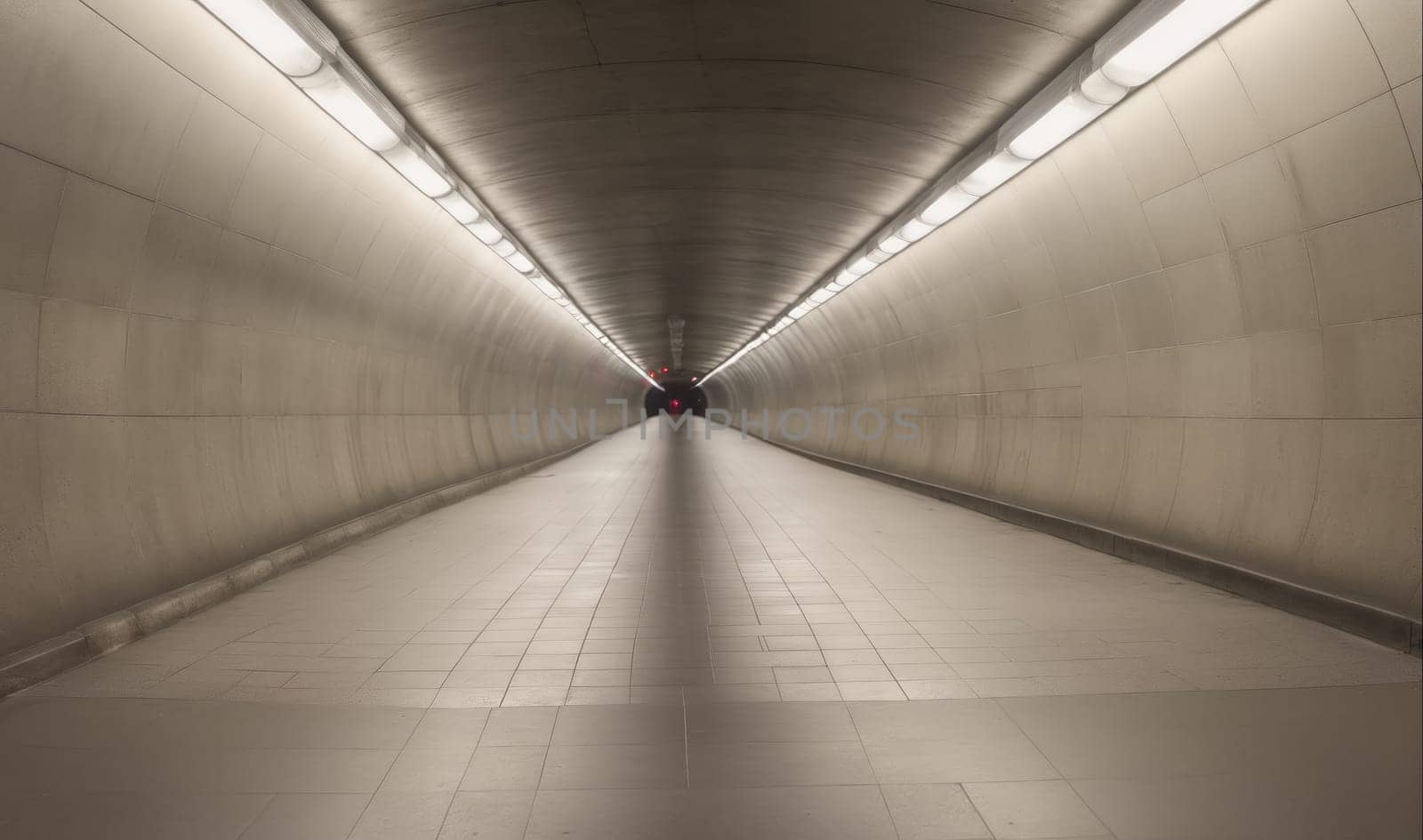 The interior of a long, concrete tunnel lit by overhead fluorescent lights. The tunnel is empty and the perspective creates a sense of depth and mystery. The white tiled floor reflects the light from the ceiling and creates a bright, clean surface. The tunnel appears to be an underground passageway, perhaps connecting two buildings or serving as a pedestrian walkway.