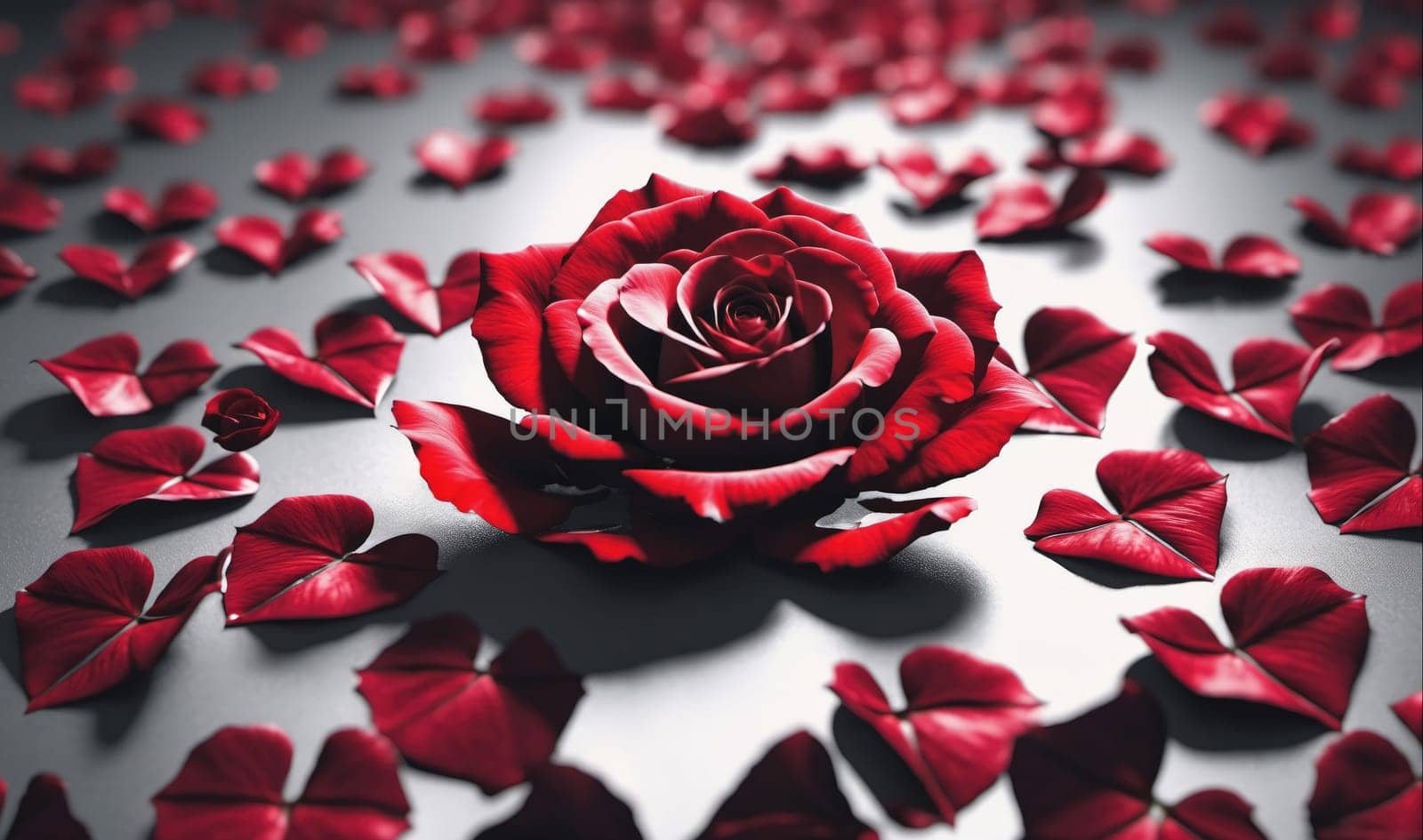 A single red rose with a deep red center is surrounded by red rose petals scattered on a white background. The petals are arranged in a heart shape around the rose.