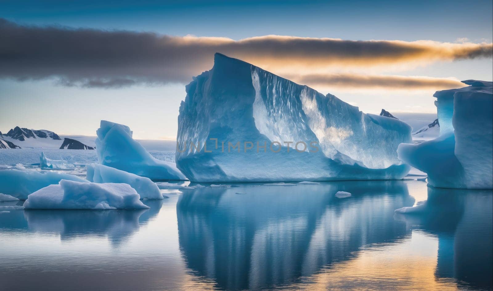 The image shows a massive iceberg floating in the calm, blue waters of the Antarctic. The iceberg is illuminated by the golden light of the setting sun, casting a warm glow on the ice. The reflection of the iceberg in the water creates a stunning mirror image, adding depth and beauty to the scene.