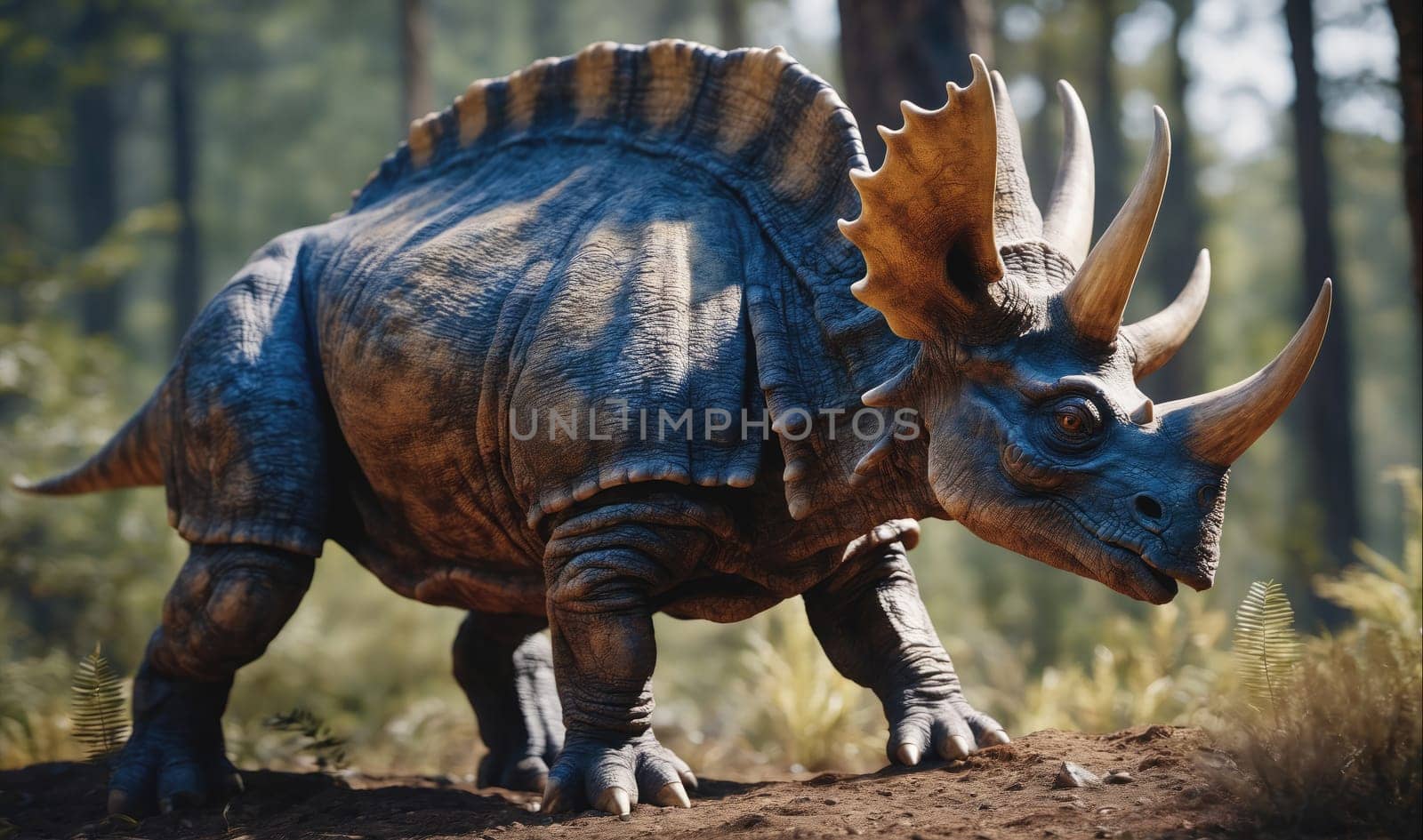 A triceratops dinosaur walks on all fours through a forest. The dinosaur is a dark blue and brown color. The background of the image shows a blurred forest with tall trees and greenery. The dinosaur's horns are large and prominent.