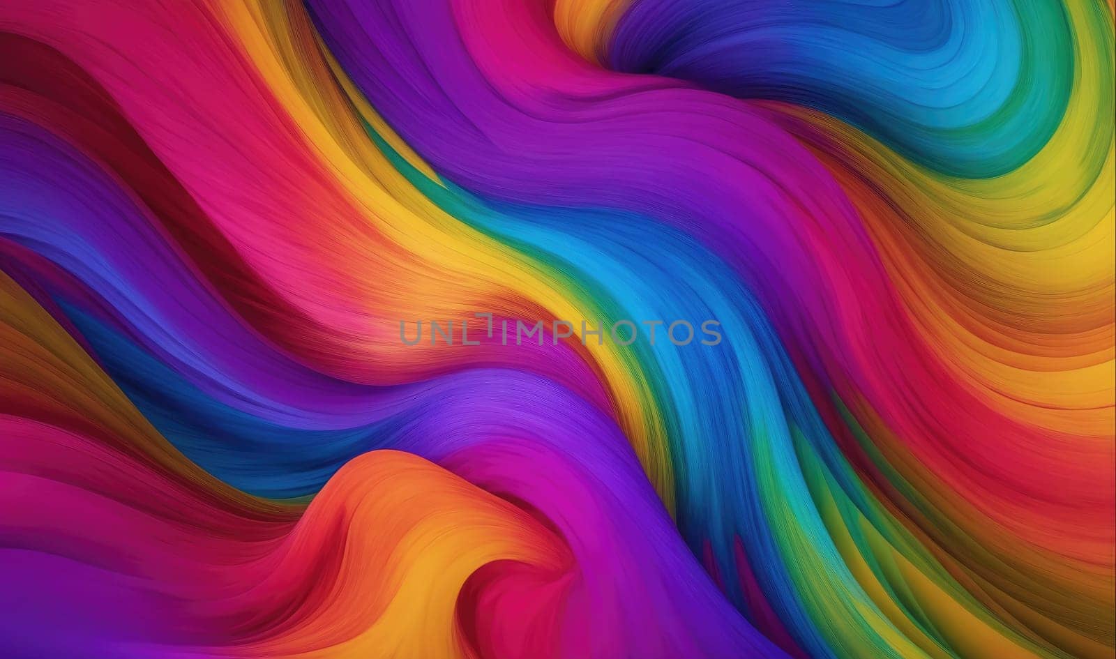 A digital illustration with a swirling, wavy, and abstract design. The dominant colors are vibrant shades of red, orange, yellow, green, blue, purple. The colors blend together in a swirling, dynamic pattern.