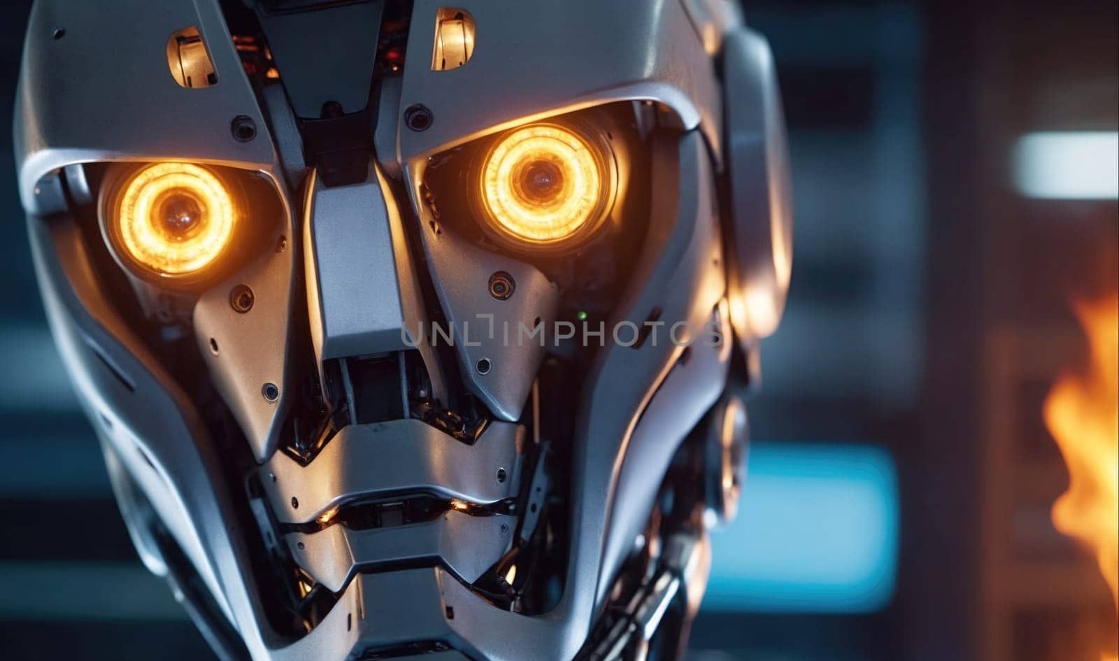 The image shows a close-up of a robot's face, focusing on the metallic details of its head. The robot's eyes are glowing orange, highlighting the advanced technology of its design. The robot's head is positioned slightly to the right, creating a sense of anticipation or inquiry.