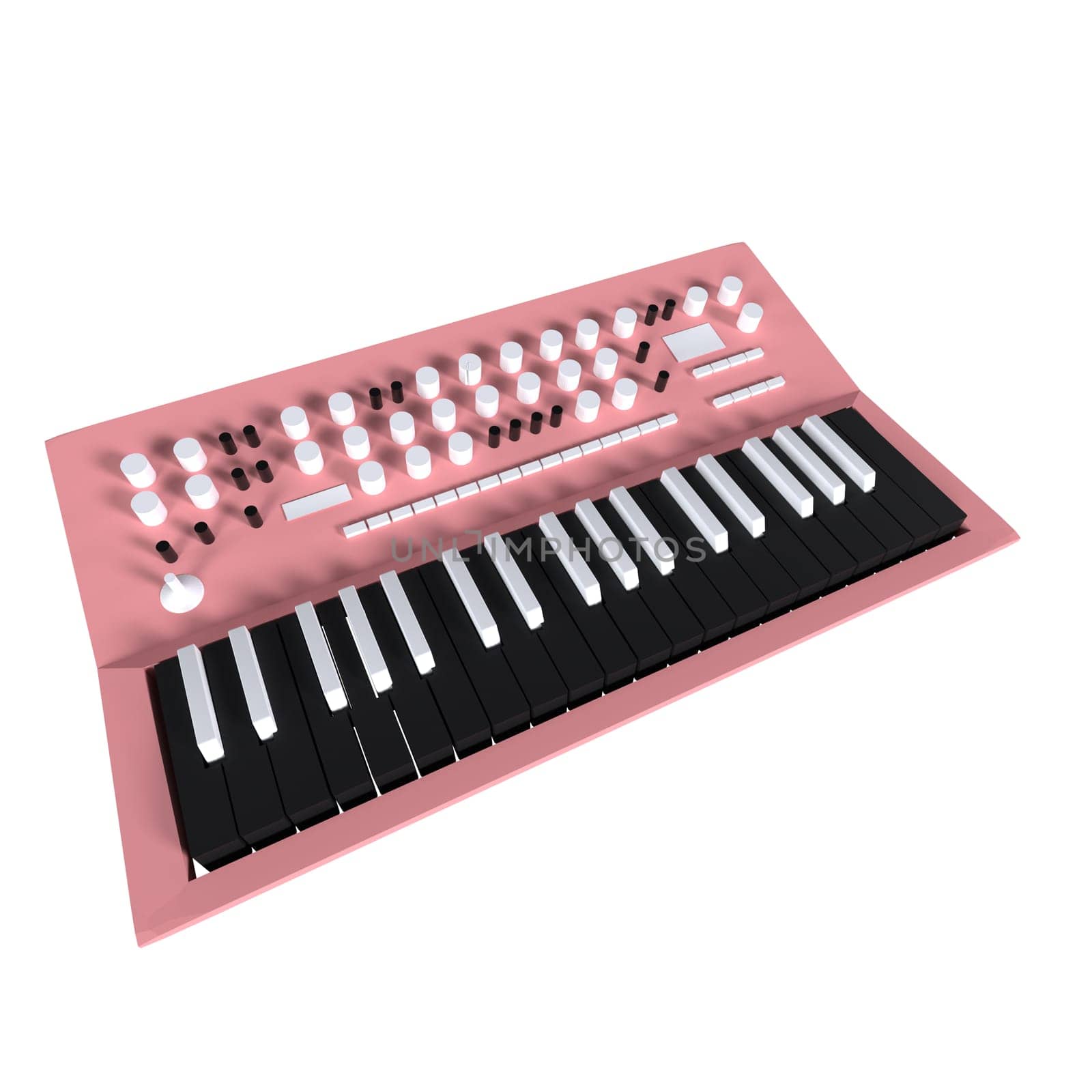 A modern pink synthesizer showcases black keys and various control knobs, designed for musicians.