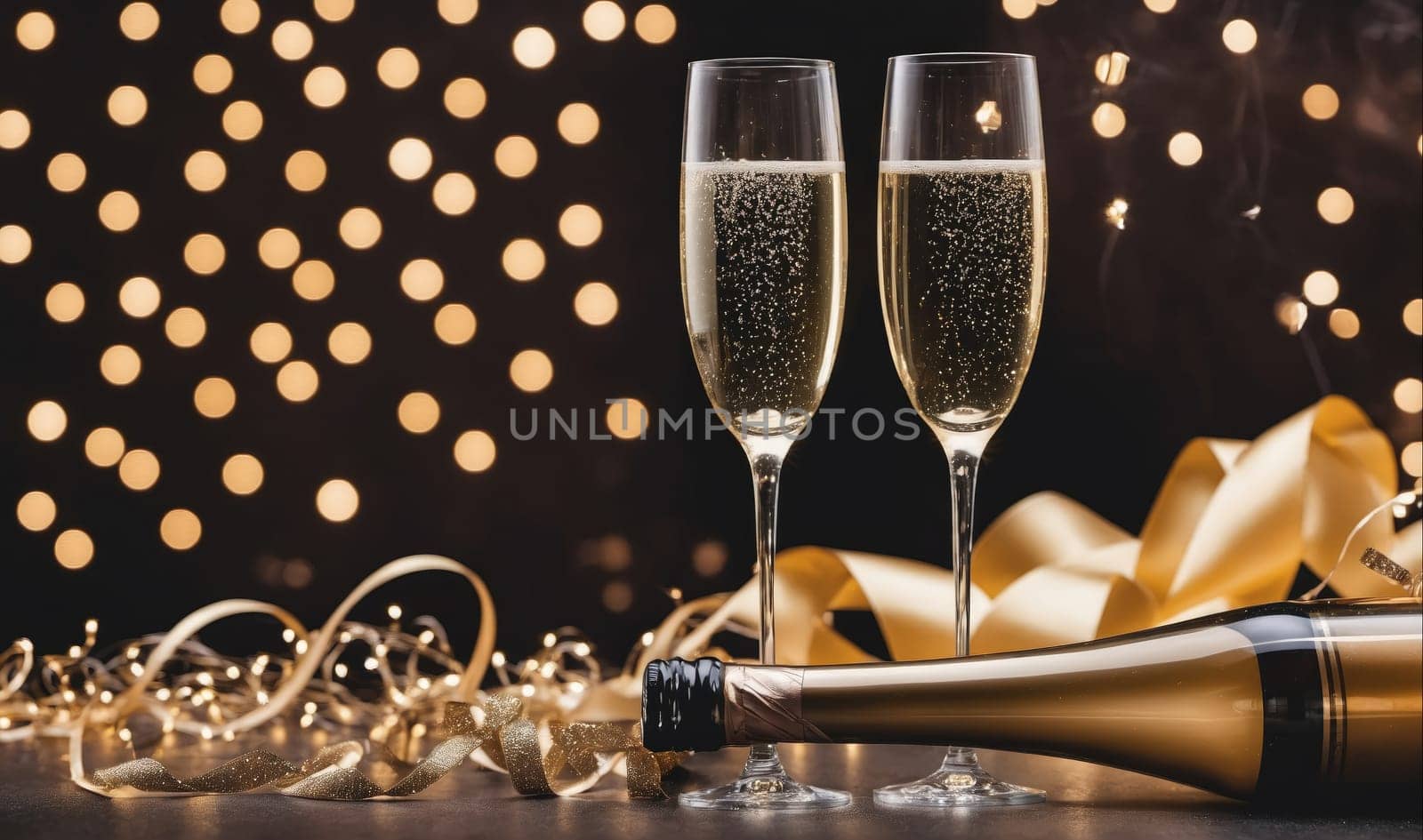 A bottle of champagne lies on its side with two champagne flutes filled with sparkling wine. The background has bokeh lights and gold ribbon.