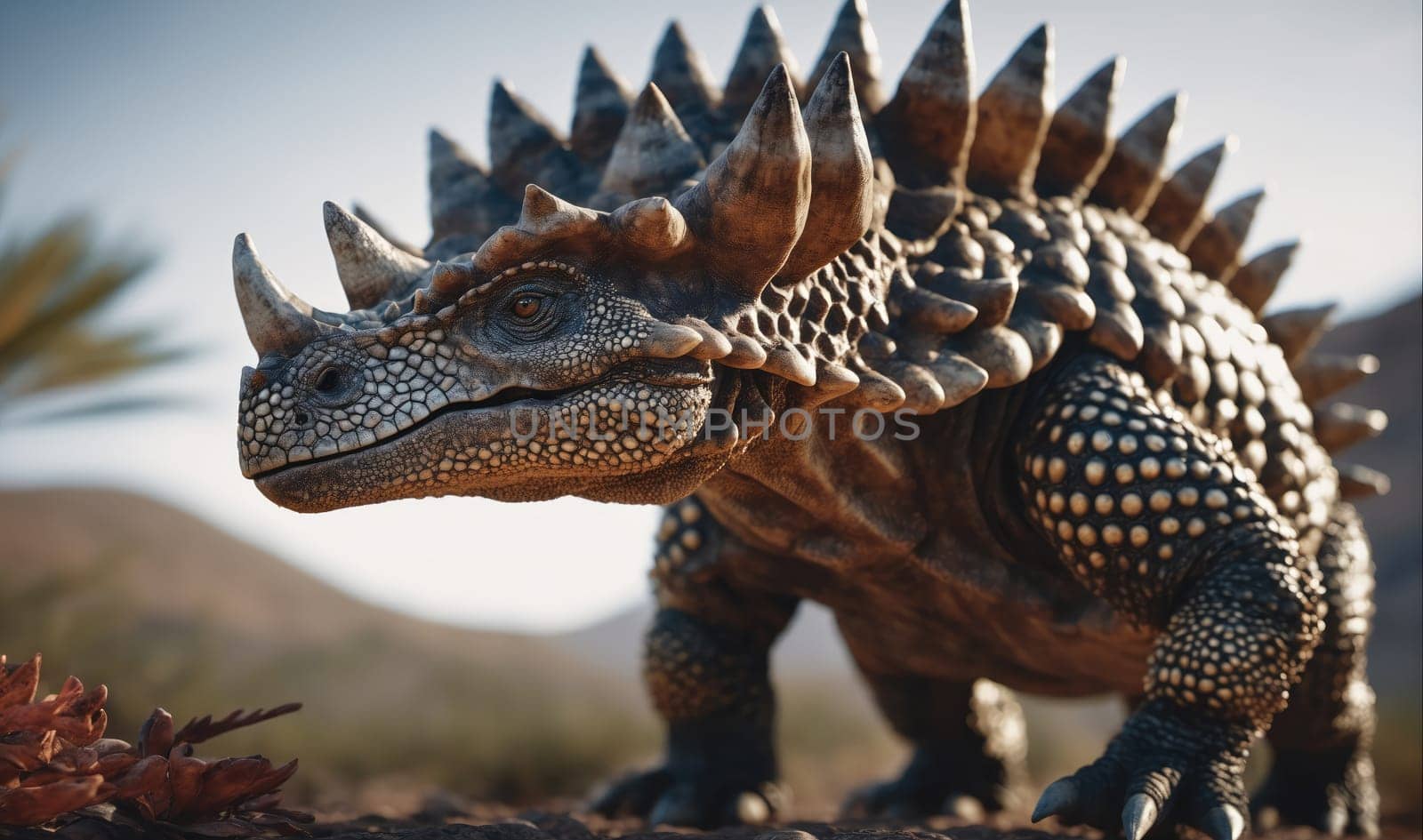 A large, brown dinosaur with a single horn, spiky back, and dotted scales stands on a rocky surface in a prehistoric environment. The dinosaur has a long, narrow snout and large, reptilian eyes. The background features a blurred, desert-like landscape with a single blurry palm tree.
