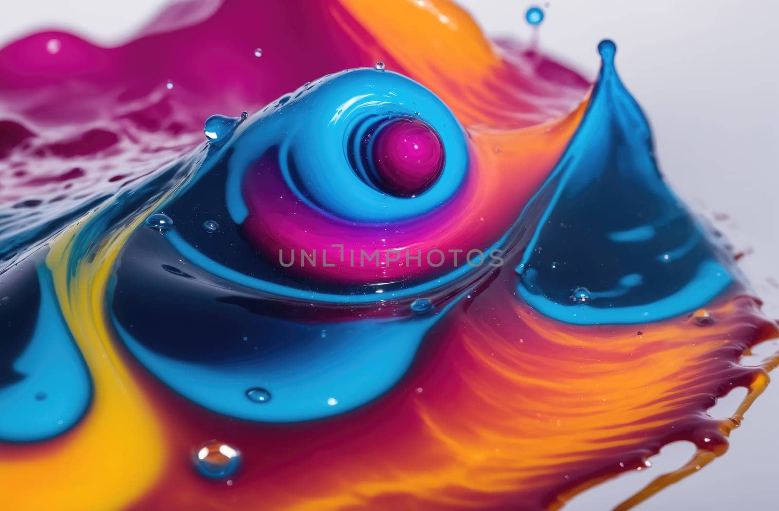 A close-up photograph of a paint splash reveals a vibrant abstract design. A blue splash forms a circular shape, creating an eye-like effect within the center of the swirling, multicolored liquid. The blue paint swirls outwards, creating a dynamic and captivating pattern as it blends with the other colors.