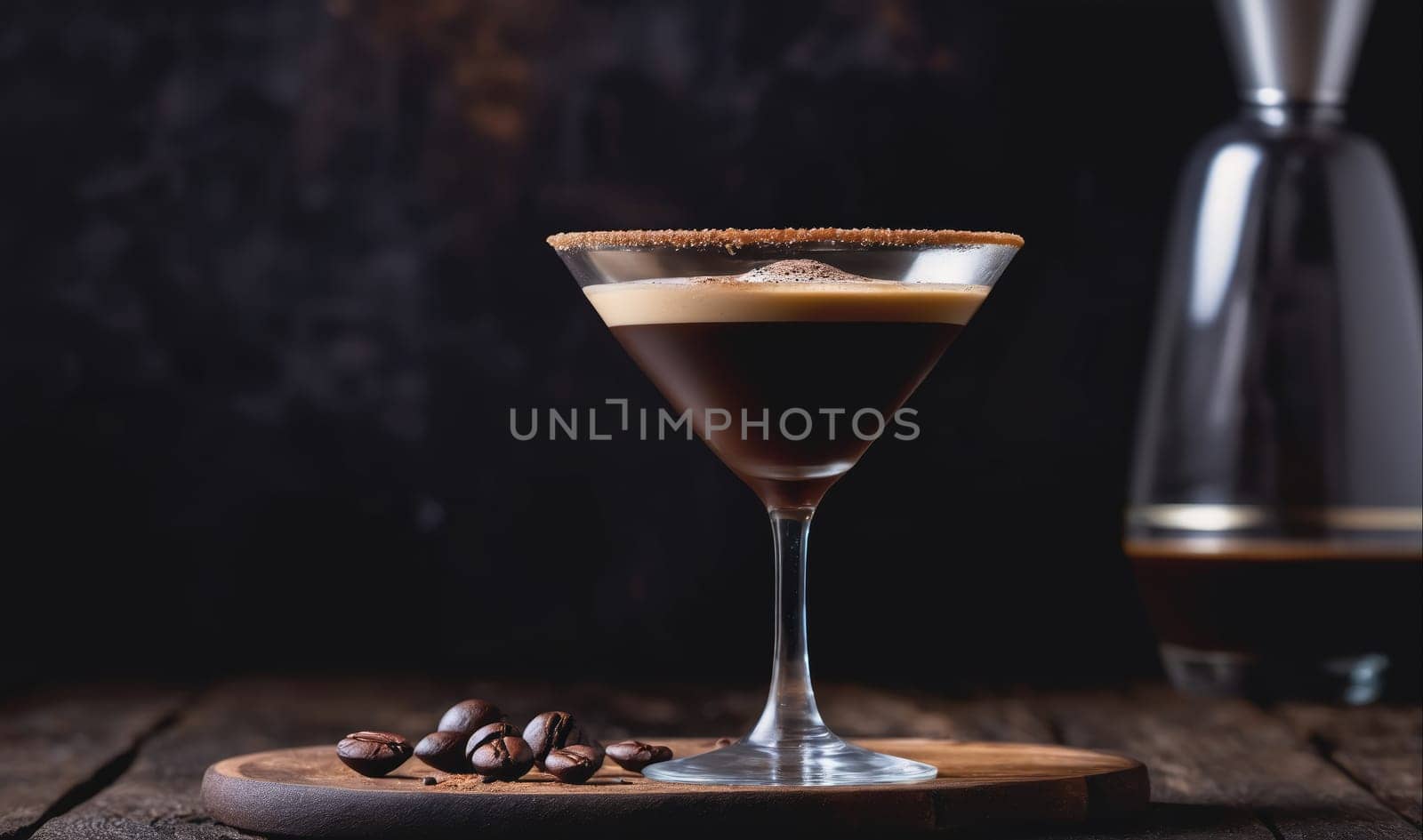 A martini glass filled with coffee liqueur is on a wooden table. Coffee beans are scattered on the wooden surface in front of the glass. The glass is rimmed with a brown substance and there is a small amount of foam on top of the coffee liqueur.