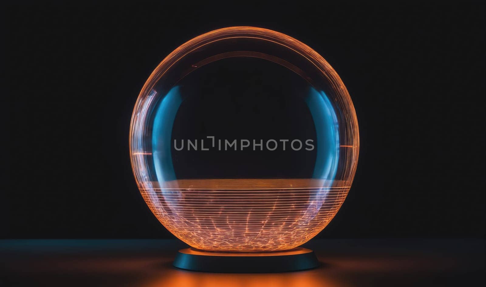 A glass sphere with a thin, dark base rests on a dark surface. The sphere is illuminated from within, casting a warm, orange light that is brightest at the base and fades into a blue hue towards the top. The sphere appears to be filled with thin, horizontal lines of light that are most distinct near the base.