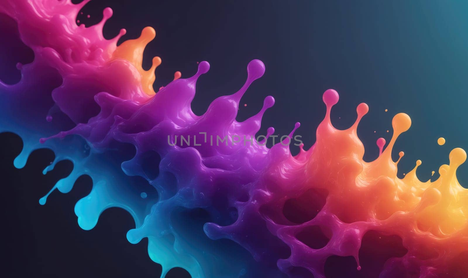 A digital rendering of a colorful liquid splash. The liquid is flowing and splashing, creating a dynamic abstract pattern. The colors are vibrant and bright, and the splash is set against a dark background.