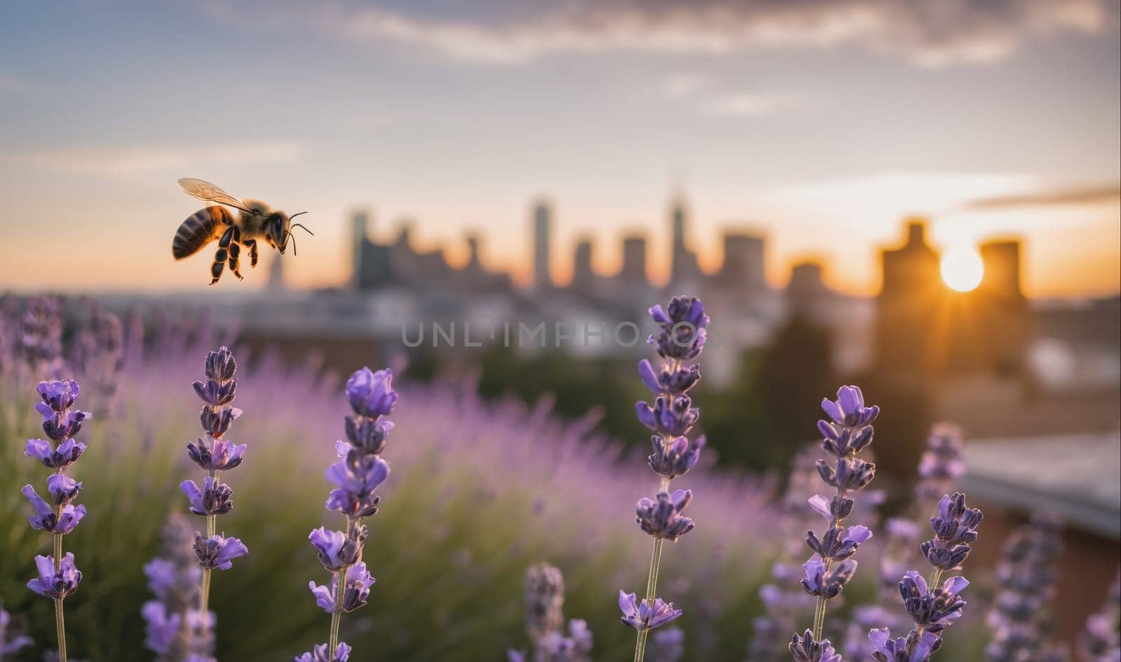A field of purple lavender flowers grows in front of a city skyline as the sun sets behind the buildings. A bee flies in the foreground.