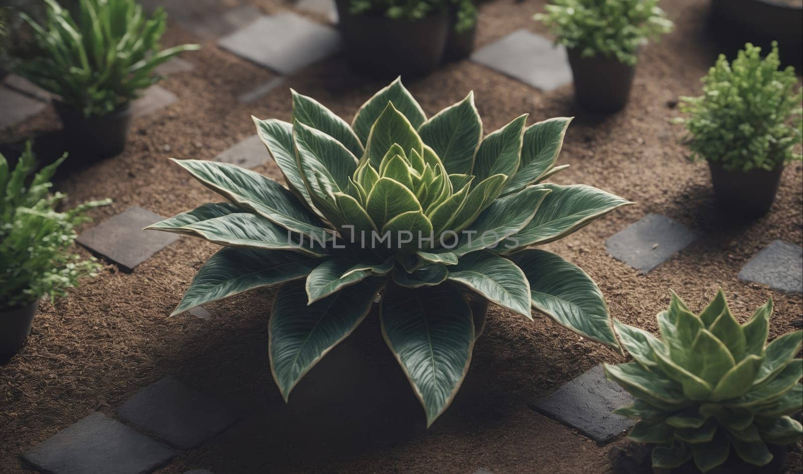 A large plant with light green leaves and white edges, potted and sitting on a bed of brown gravel. The plant has a rosette shape, with many leaves radiating from a central point. The leaves are smooth and glossy, and they have a slight sheen to them. The gravel is a light brown color, and it has a rough texture. The plant is in focus, while the background is slightly blurred.