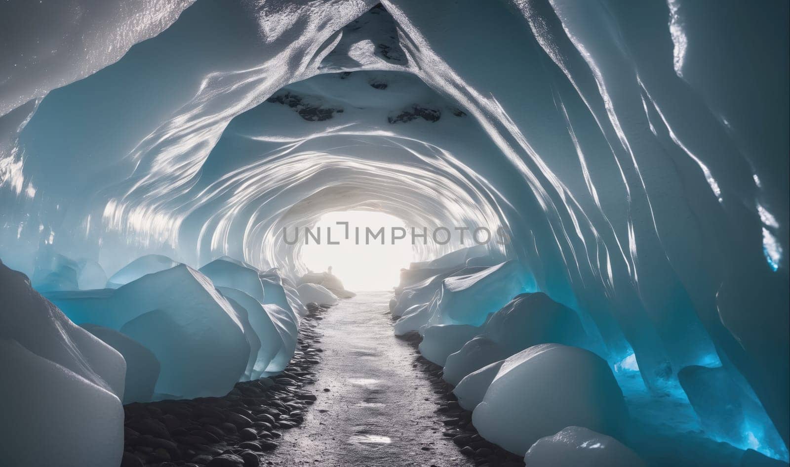 The image shows a narrow tunnel formed by ice with a long, winding path stretching towards the light at the end. The walls are covered in intricate ice formations, creating an abstract and mesmerizing scene.