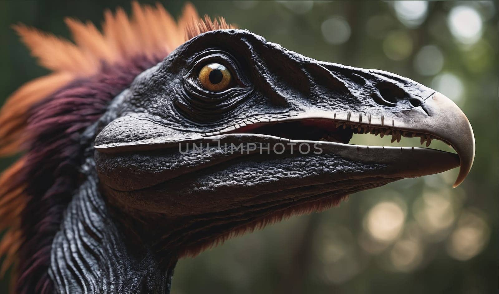 This is a digital illustration of a feathered dinosaur. The dinosaur has a long, thin beak with sharp teeth, a large eye, and a crest of orange and purple feathers. The dinosaur's head is positioned in profile, facing to the right of the image. The background of the image is blurred, suggesting a forest setting.