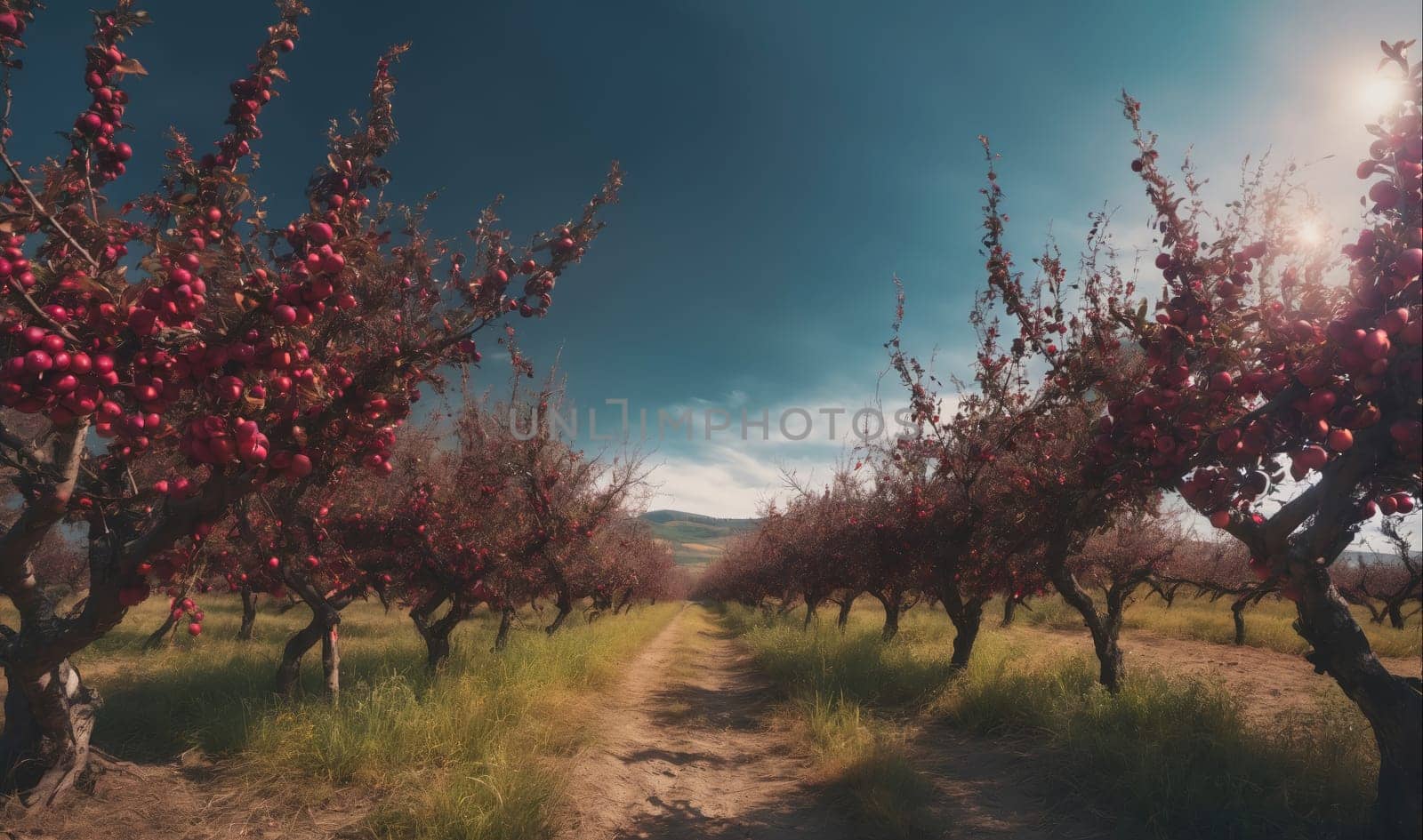 The image shows a path through a lush apple orchard. The apple trees are laden with red apples and the ground is covered with green grass. The sky is blue and there are white clouds in the distance. The sun is shining brightly.