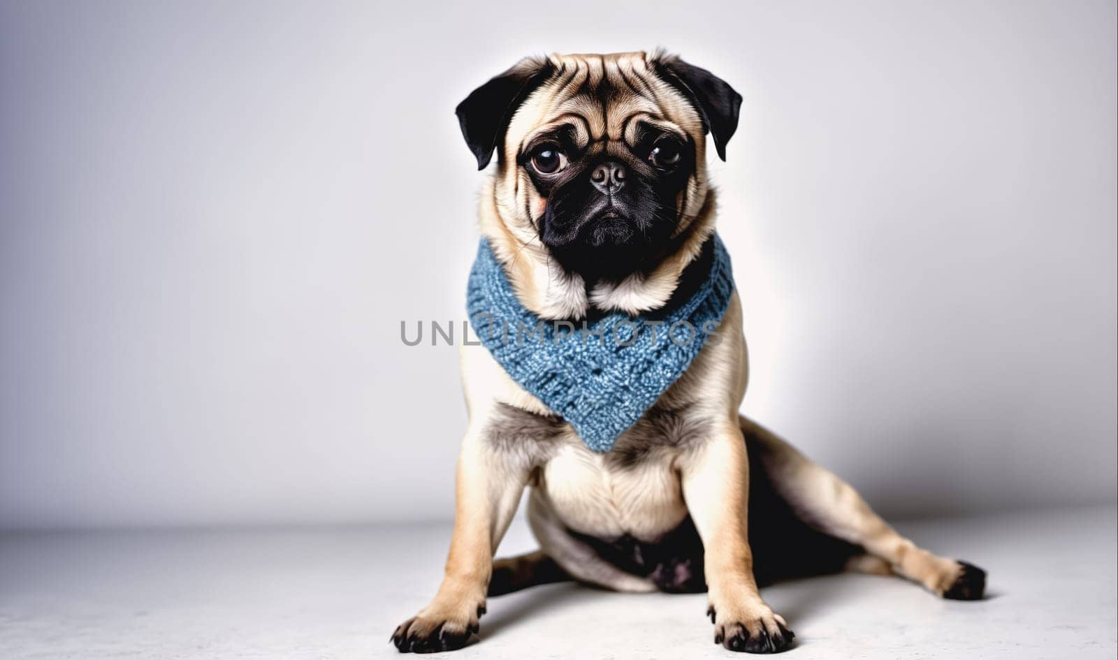 A pug dog is wearing a blue knitted bandana and sitting in front of a white background. The dog is looking at the camera.