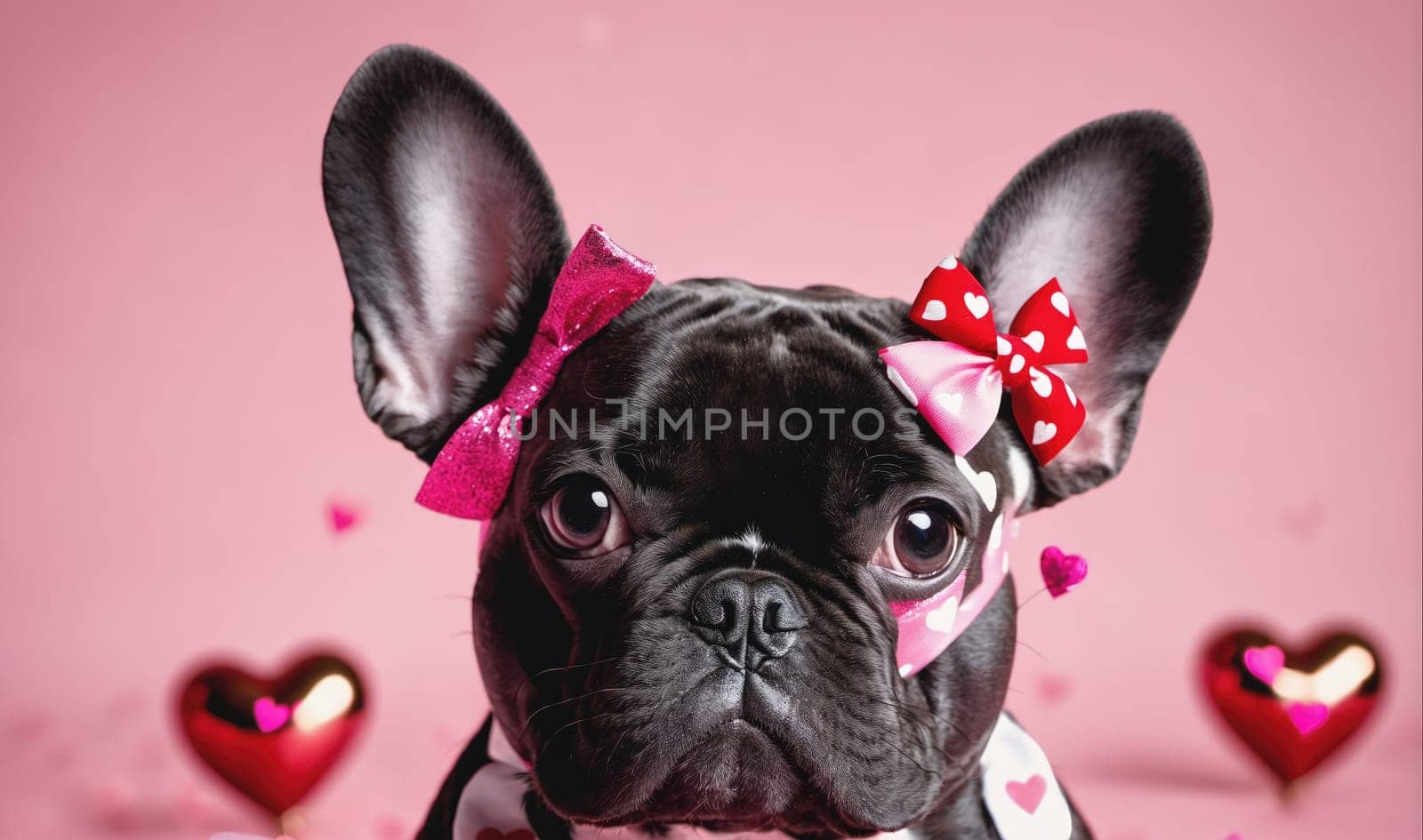 A black French Bulldog wearing two pink bows with red hearts is looking directly at the camera. There are red hearts in the background, some of them with a shine. The dog is in focus and appears to be happy.