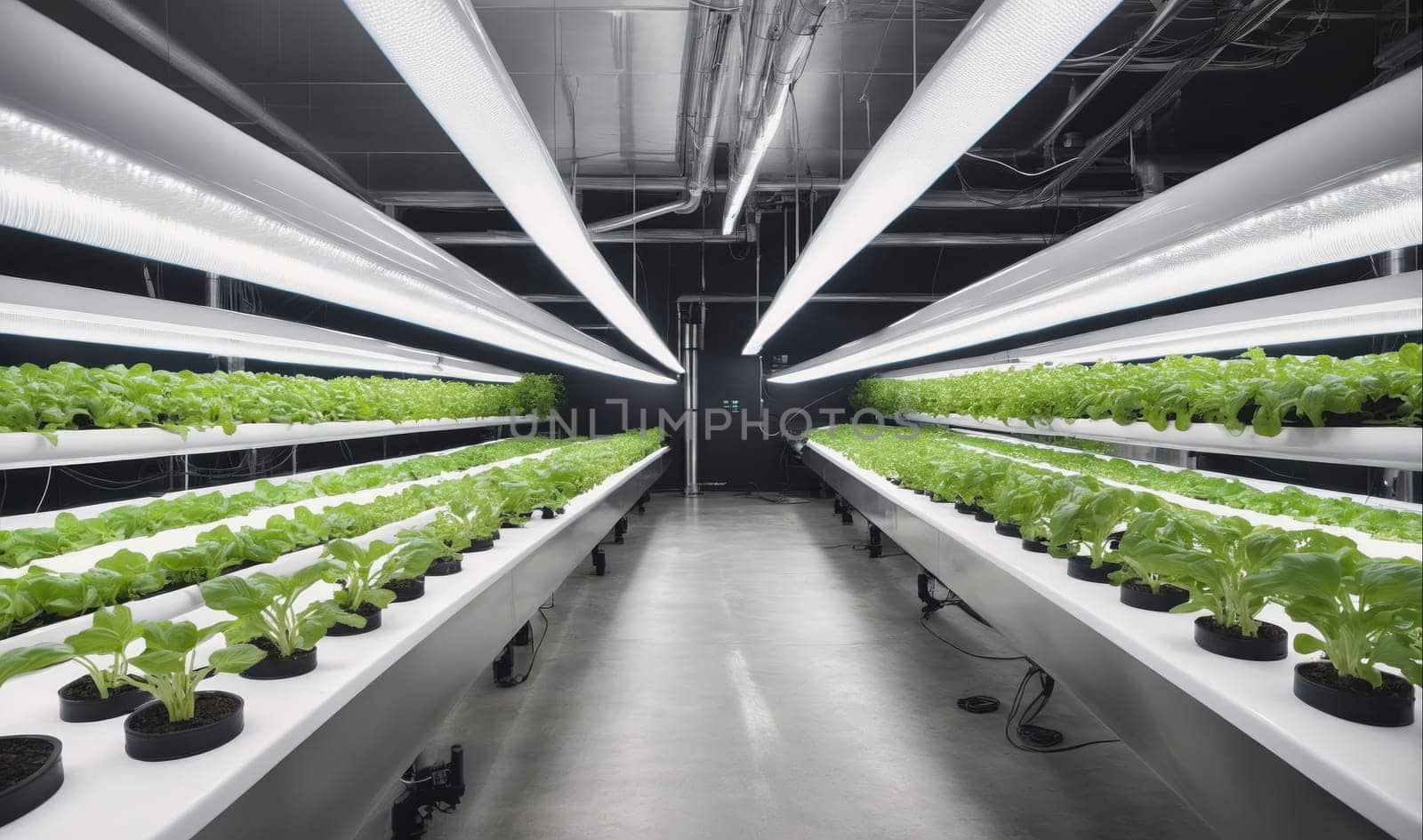 Rows of leafy green lettuce plants grow under bright lights in a hydroponic farm. The plants are in long, white, elevated containers with black drainage pipes. The floor of the farm is gray concrete.