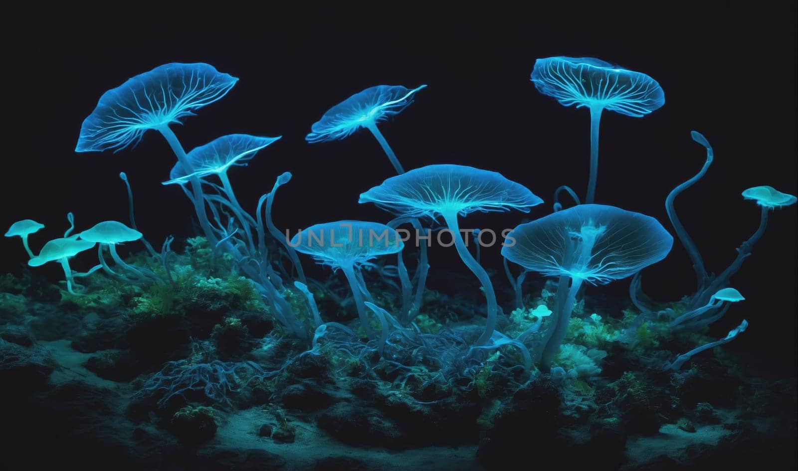 A cluster of bioluminescent mushrooms grows on the forest floor. The mushrooms glow a bright blue color, casting a faint light on the surrounding area. The dark forest provides a dramatic backdrop for the mushrooms.