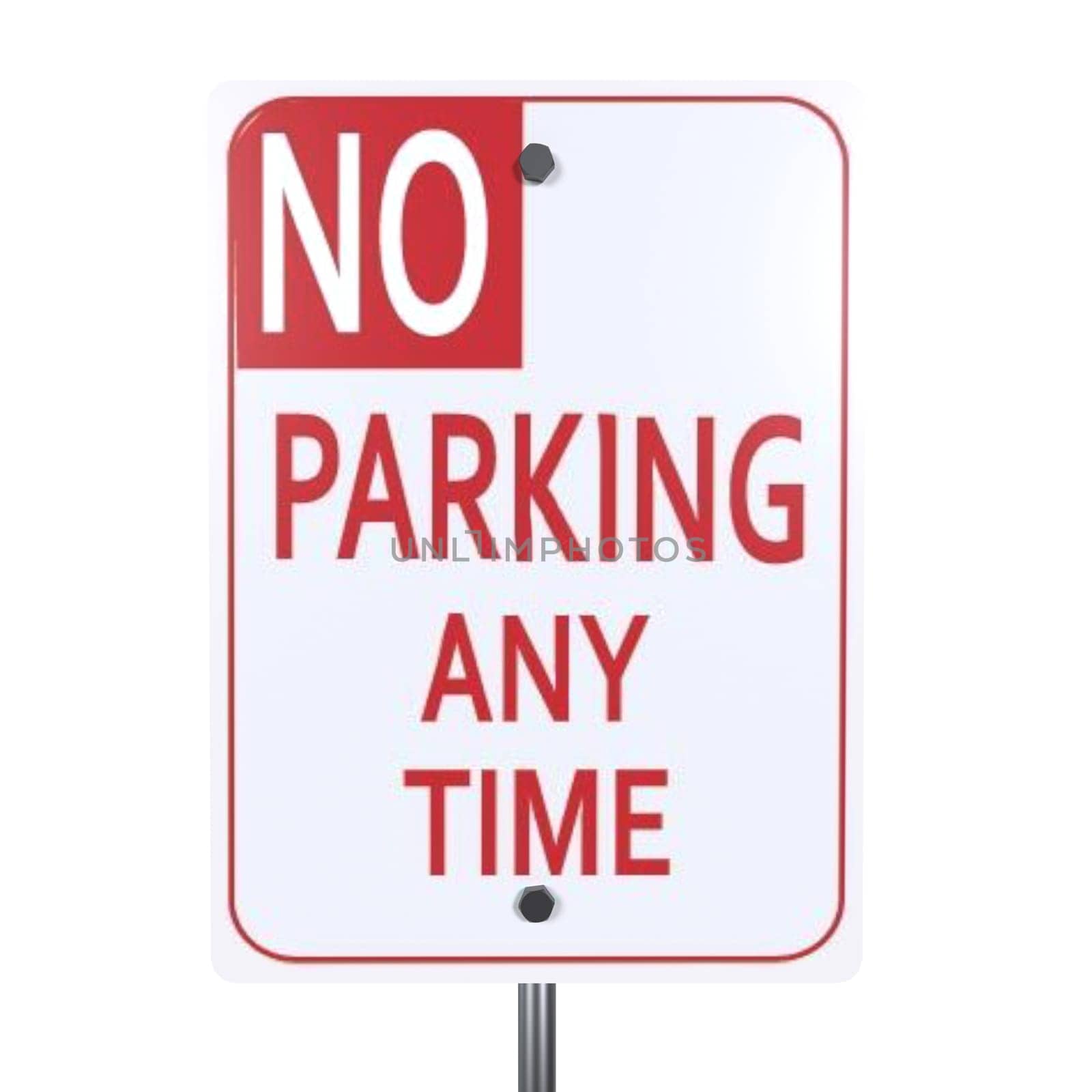 A clear no parking sign advises motorists that parking is prohibited anytime.