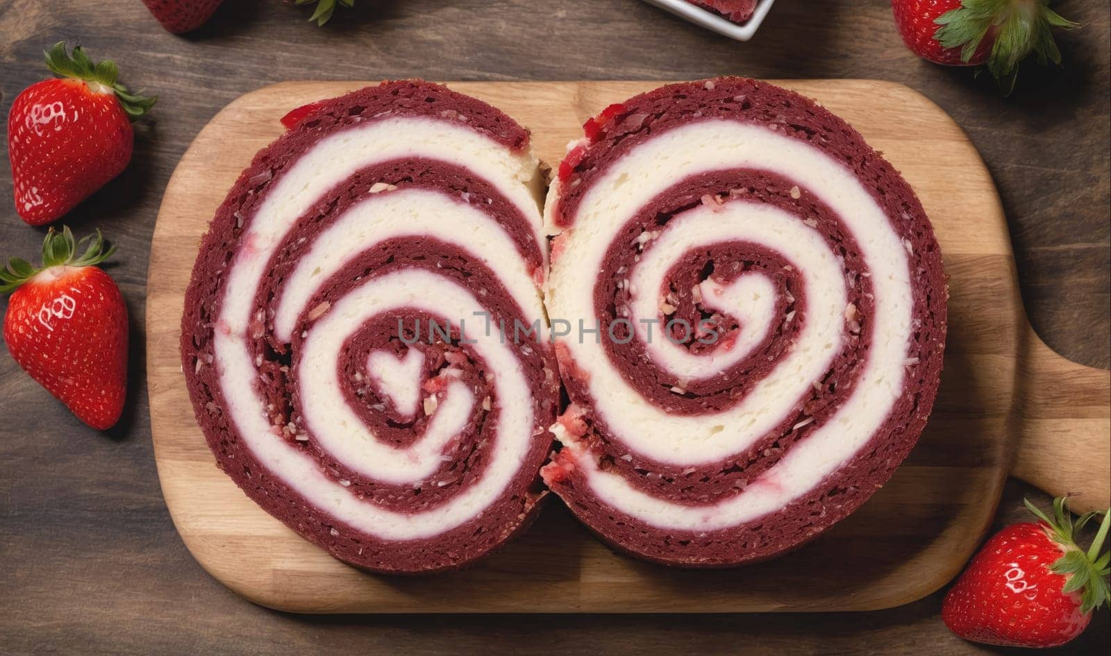 A red velvet and cream cheese roll cake. It is sliced in half and positioned on a wooden cutting board. There are strawberries around the cake, and the image is taken from a top-down perspective.