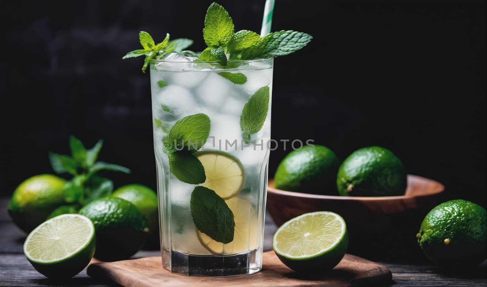 A tall glass of lemonade with fresh mint and ice sits on a wooden cutting board, surrounded by limes, some of which are cut in half. There is also a wooden bowl with several more limes in it. The backdrop is a dark, textured surface.