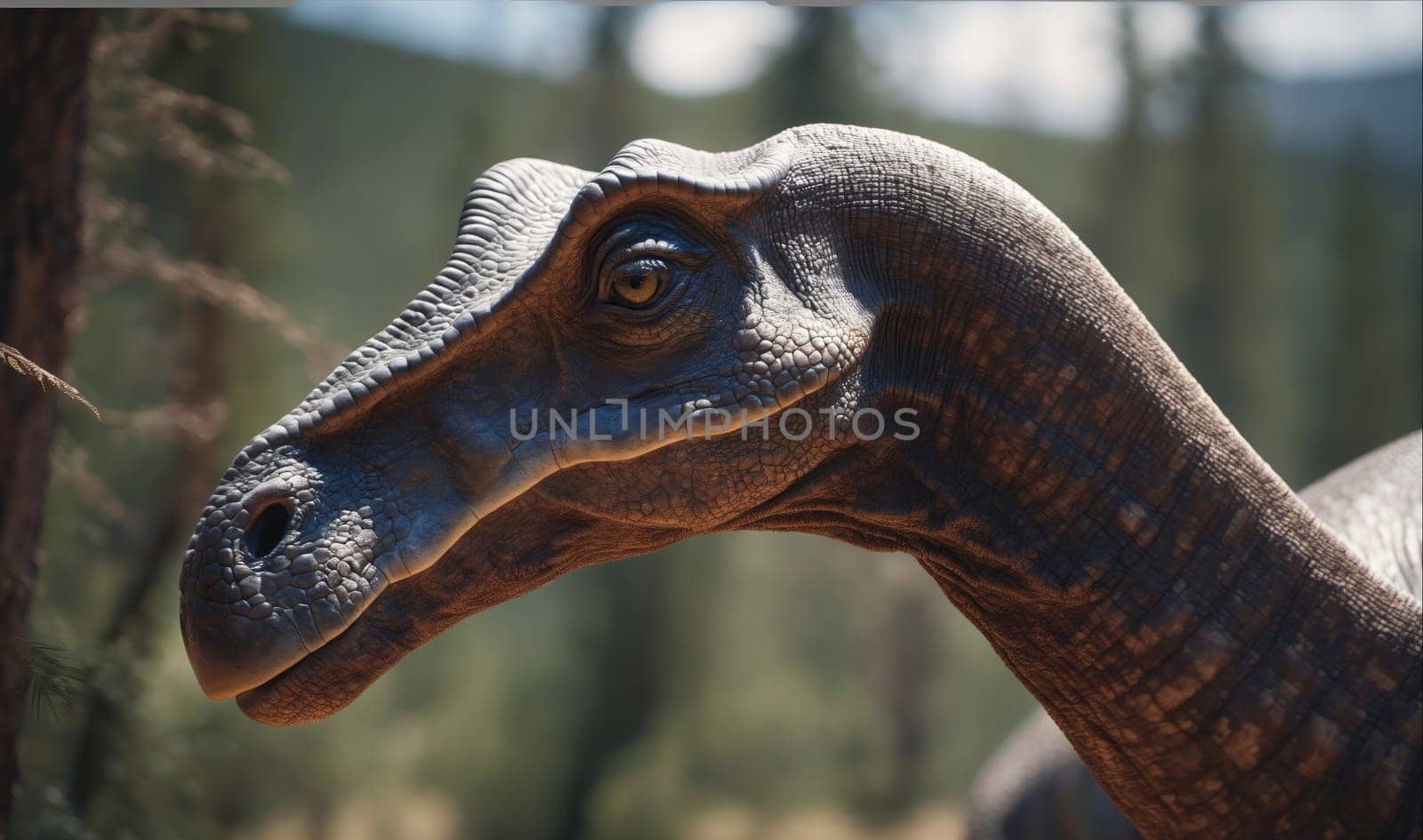 The image shows a close-up of a dinosaur's head. The dinosaur has a long neck, a small head, and a large, dark eye. The dinosaur is looking directly at the viewer, and its eye is wide open. The dinosaur's skin is a dark, gray color, and it is covered in scales. The background is blurred, but it appears to be a forest.