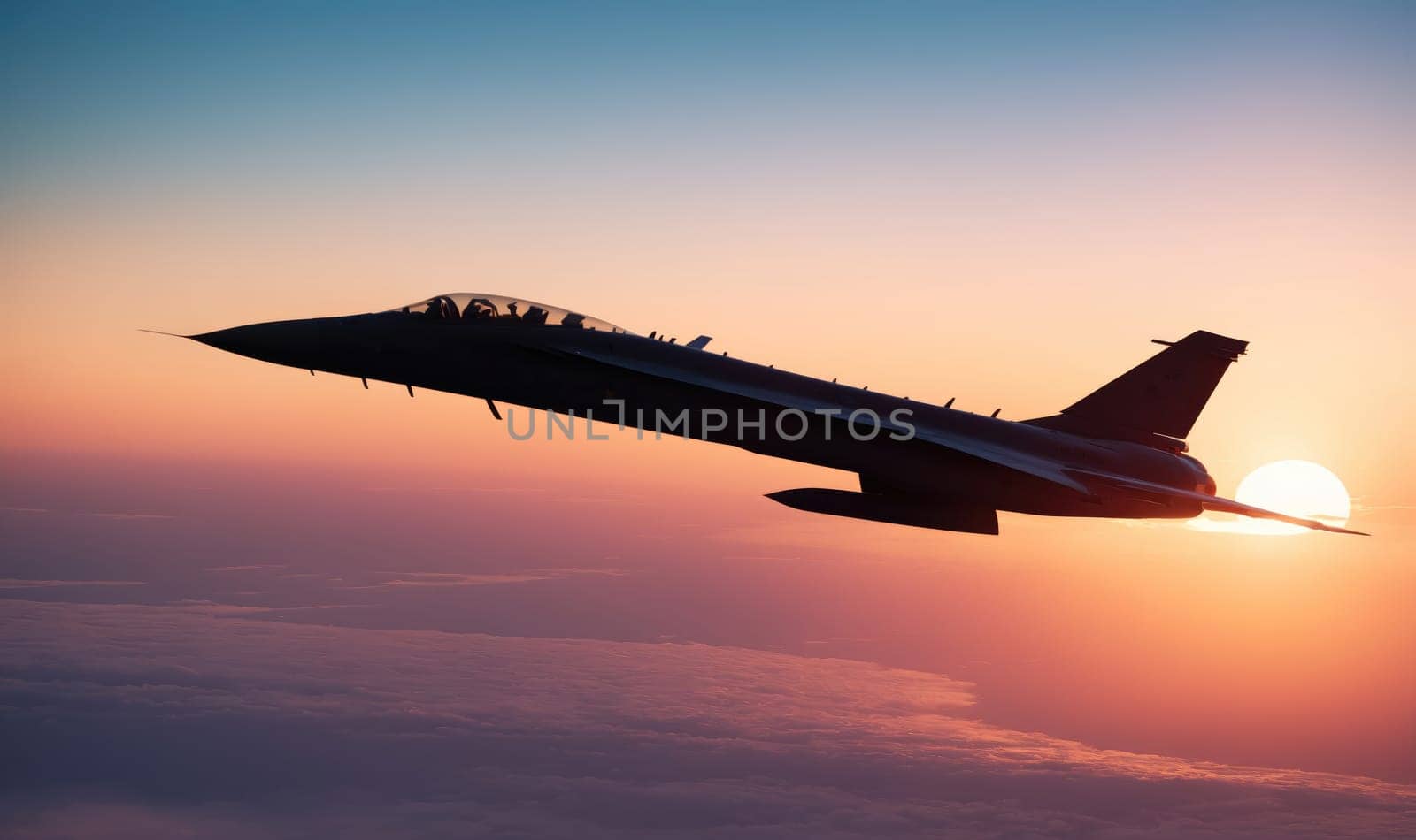 The image shows a fighter jet flying through the sky. The sun is setting in the background and the sky is a beautiful mix of pink and purple.