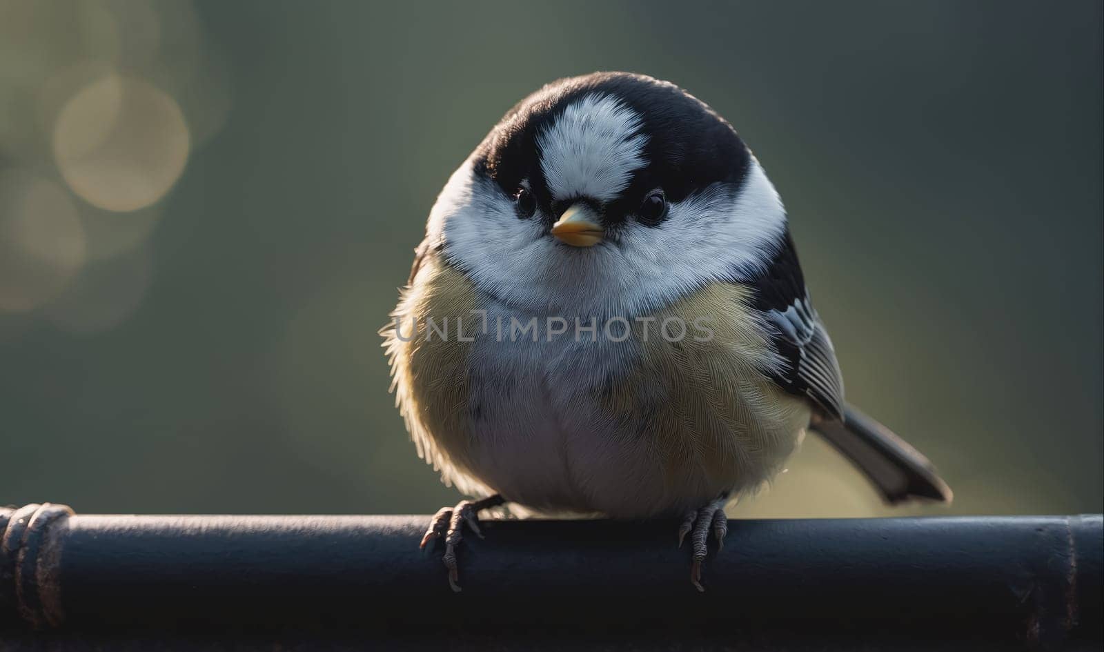 A small bird with a black cap and white cheeks sits perched on a branch with a blurred background. The bird has a yellow belly and a long tail, and its head is turned slightly to the side as it looks directly at the camera.