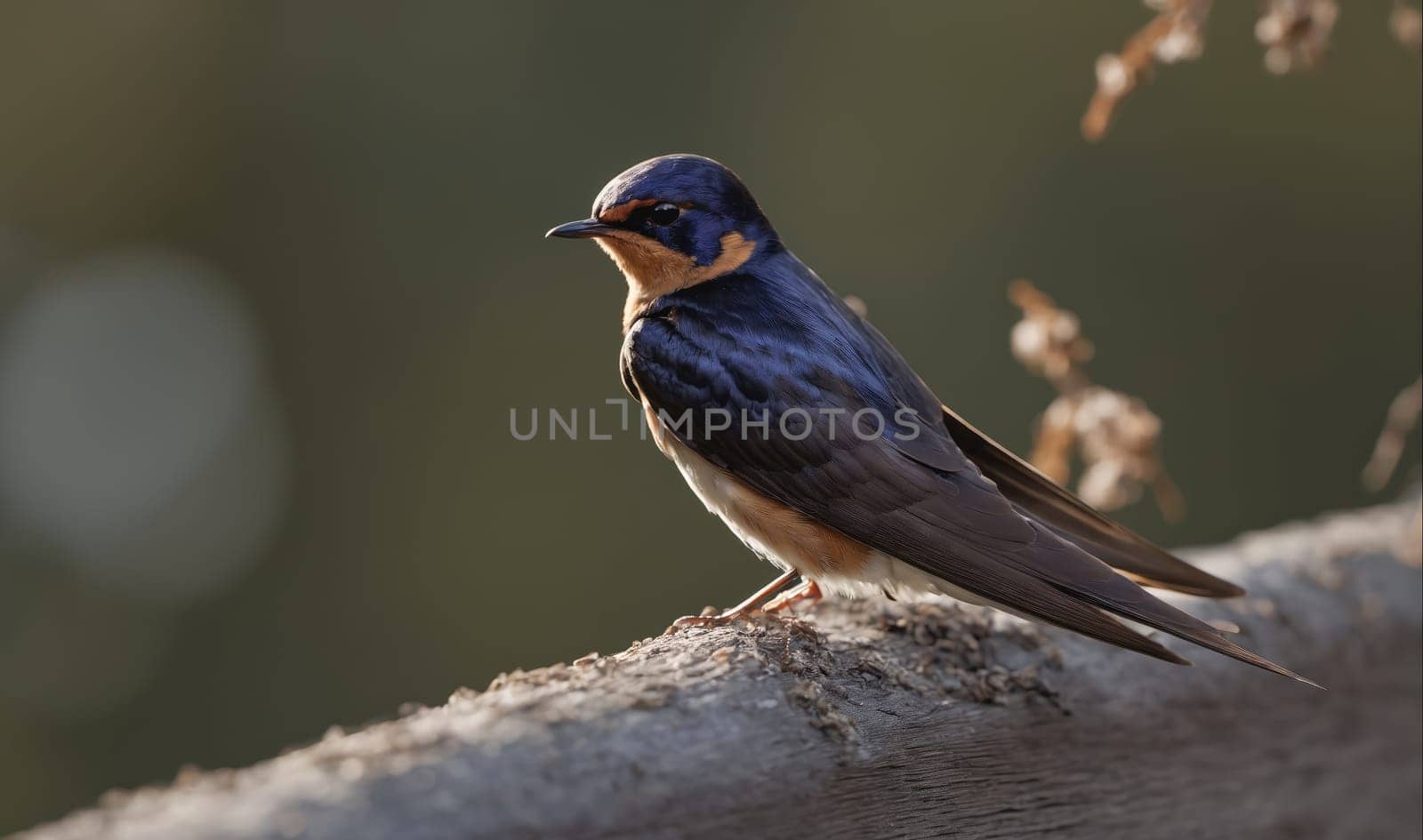 A swallow with dark blue feathers sits on a light brown branch with green foliage in the background. The sun shines brightly behind the bird, creating a bokeh effect.