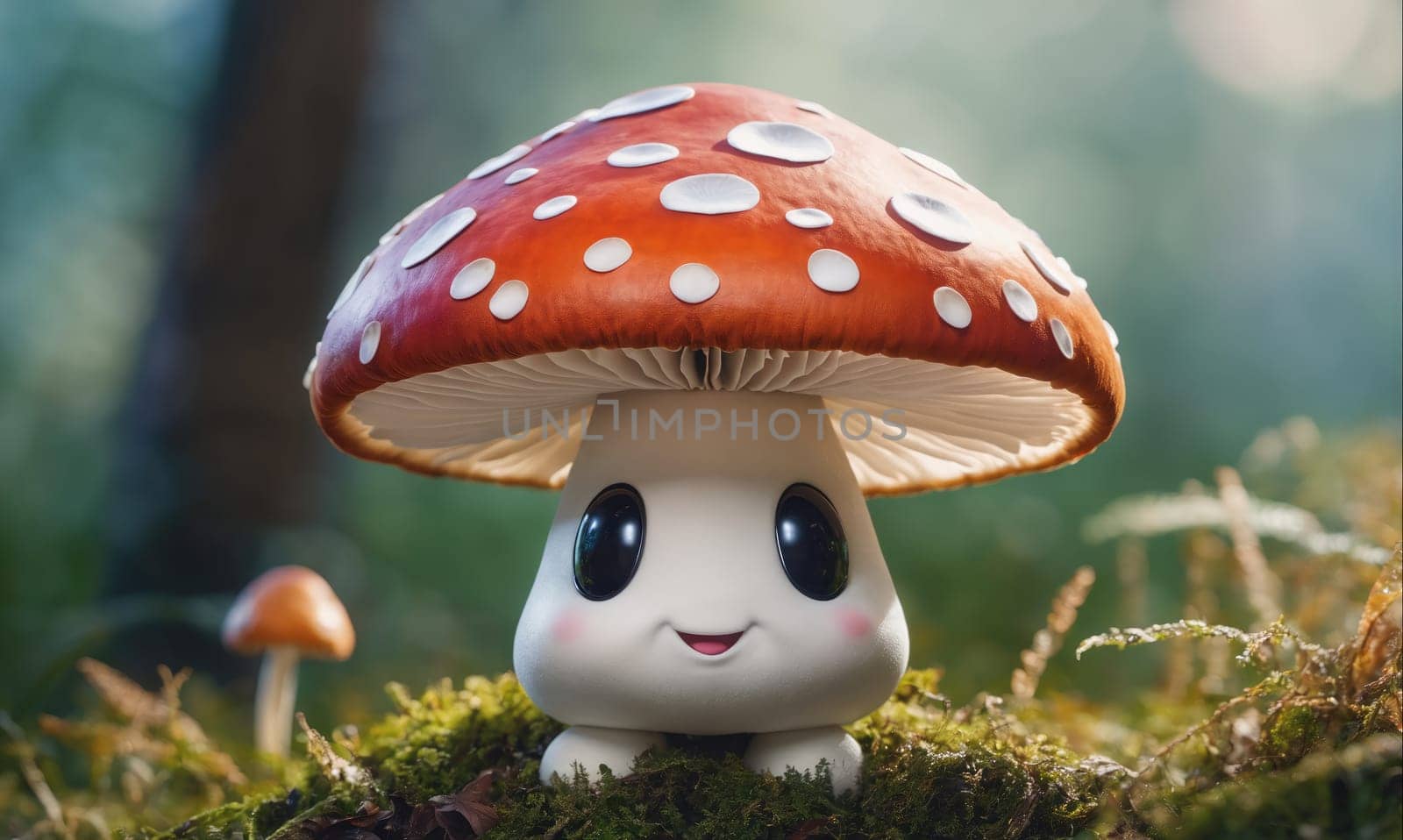 A large, red mushroom with white dots and a cartoon face is sitting on a bed of moss in a forest. There is a smaller mushroom in the background.