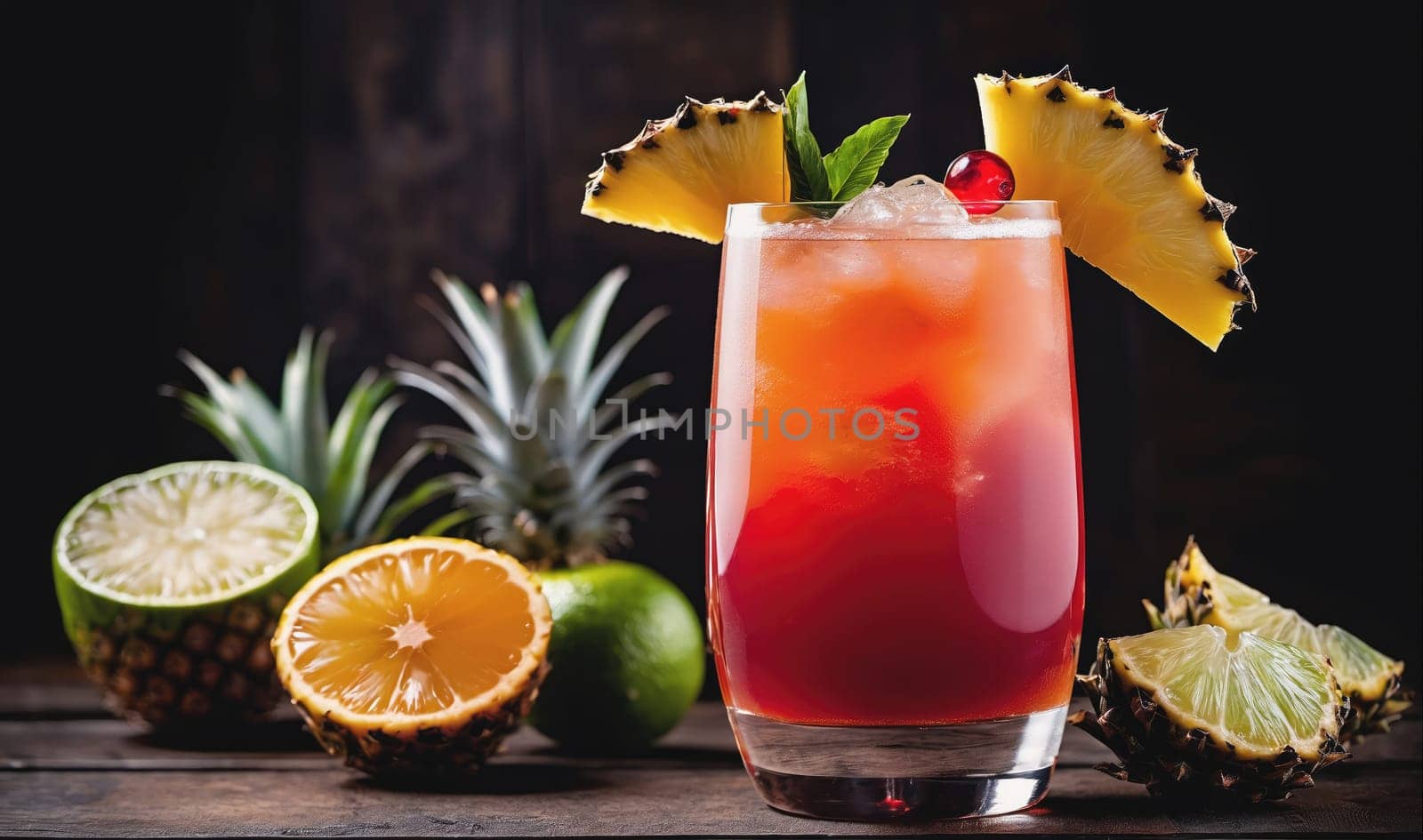 A close-up view of a tall glass of pineapple juice on a wooden table with pineapple, lime, and orange slices surrounding the glass. The drink is red and contains ice. There is a cherry garnish and a pineapple slice on the rim of the glass.