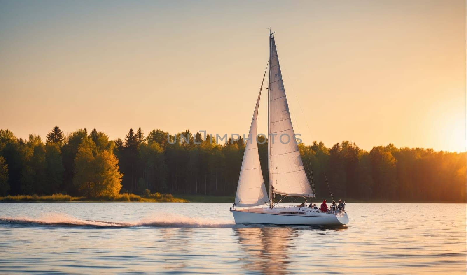 A white sailboat with a white sail sails across a lake at sunset. The sun is setting behind a line of trees in the background. The water is calm and the sky is a pale orange and yellow.