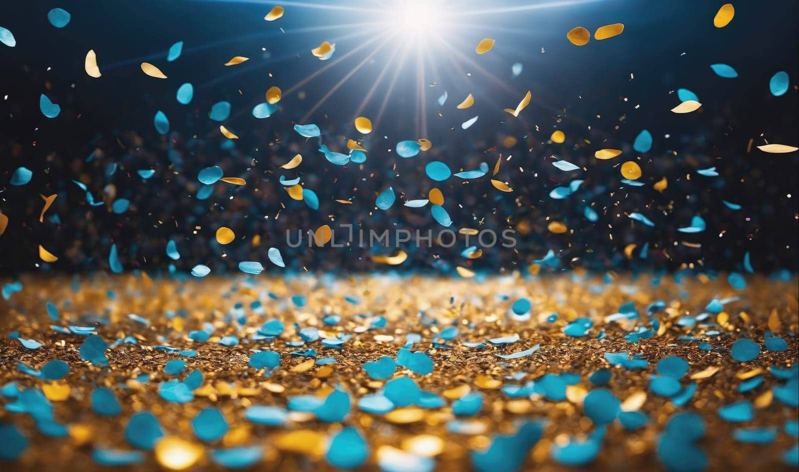 Blue and gold confetti are falling to the ground. The light from above is shining on the confetti. The confetti is creating a glittering, celebratory effect.