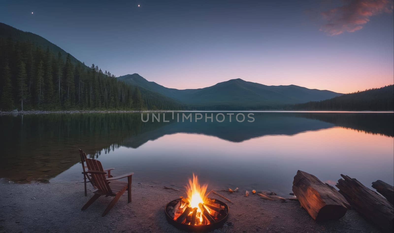 The image shows a calm lake reflecting the sky at twilight. A fire burns in a ring on the sandy shore, a wooden chair sits nearby, and there are trees in the background. The sky is a pale blue with a few stars, and the mountains are silhouetted against the horizon.
