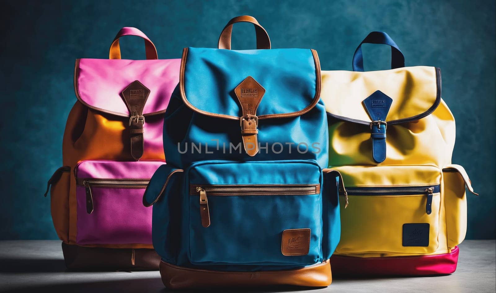 Three backpacks, pink, blue, and yellow, are lined up in a row on a dark gray surface. They are all facing forward with their straps visible. Each backpack has a leather flap with a buckle in the front. The background is a dark blue wall.