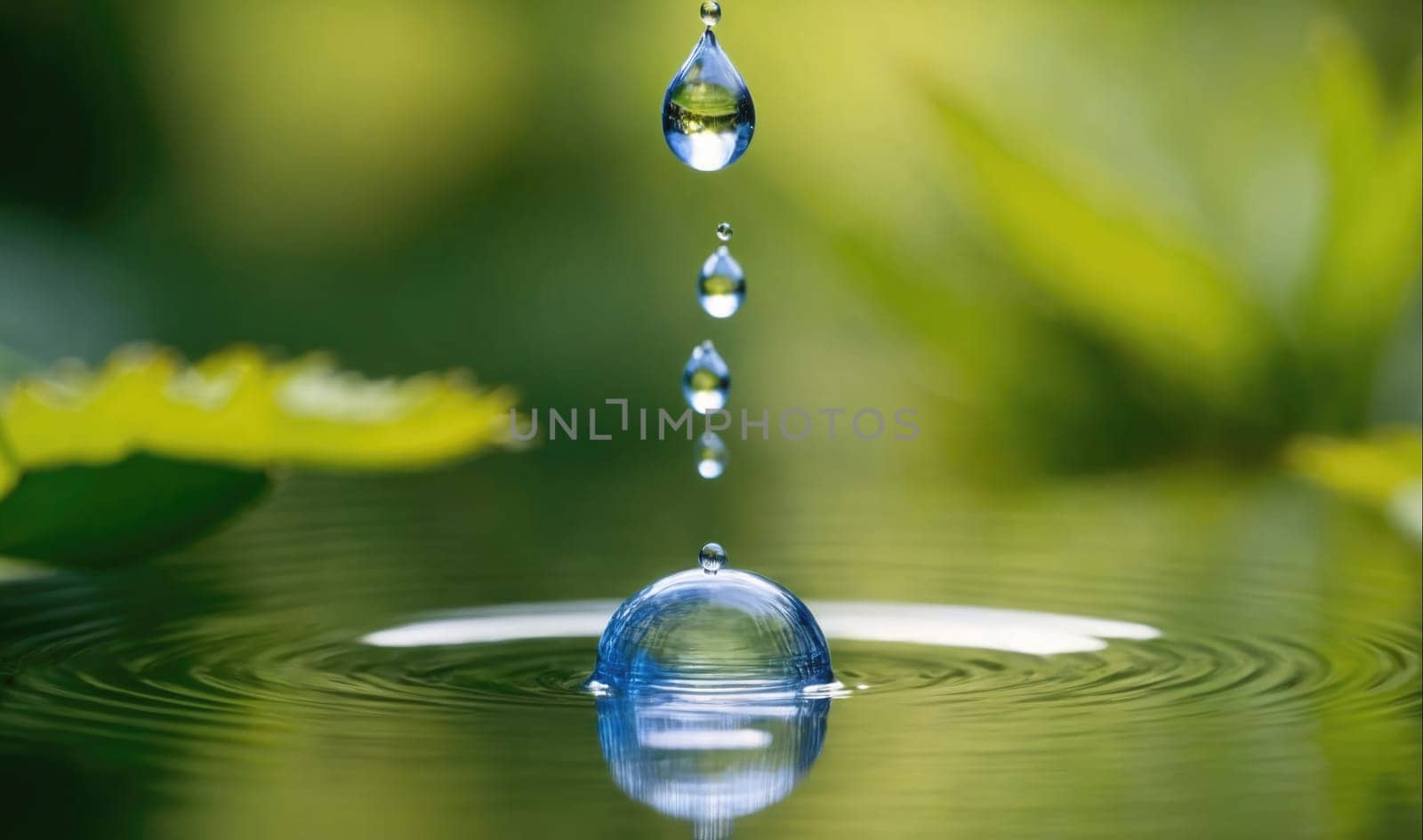 A water droplet falls from above into a pond and creates a small ripple effect in the water. The droplet appears to be frozen in time as it falls. The background is a blurred green, suggesting a natural setting.