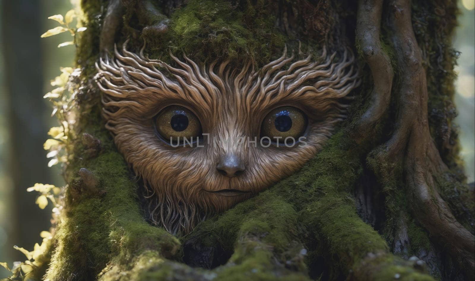 The image shows a mythical creature with large, expressive eyes, a small nose, and a slightly parted mouth. It is nestled among the gnarled roots and moss of a large tree. The creature's fur appears to be made of bark and leaves, blending seamlessly with its surroundings. The background is blurry and green, suggesting a forest setting.