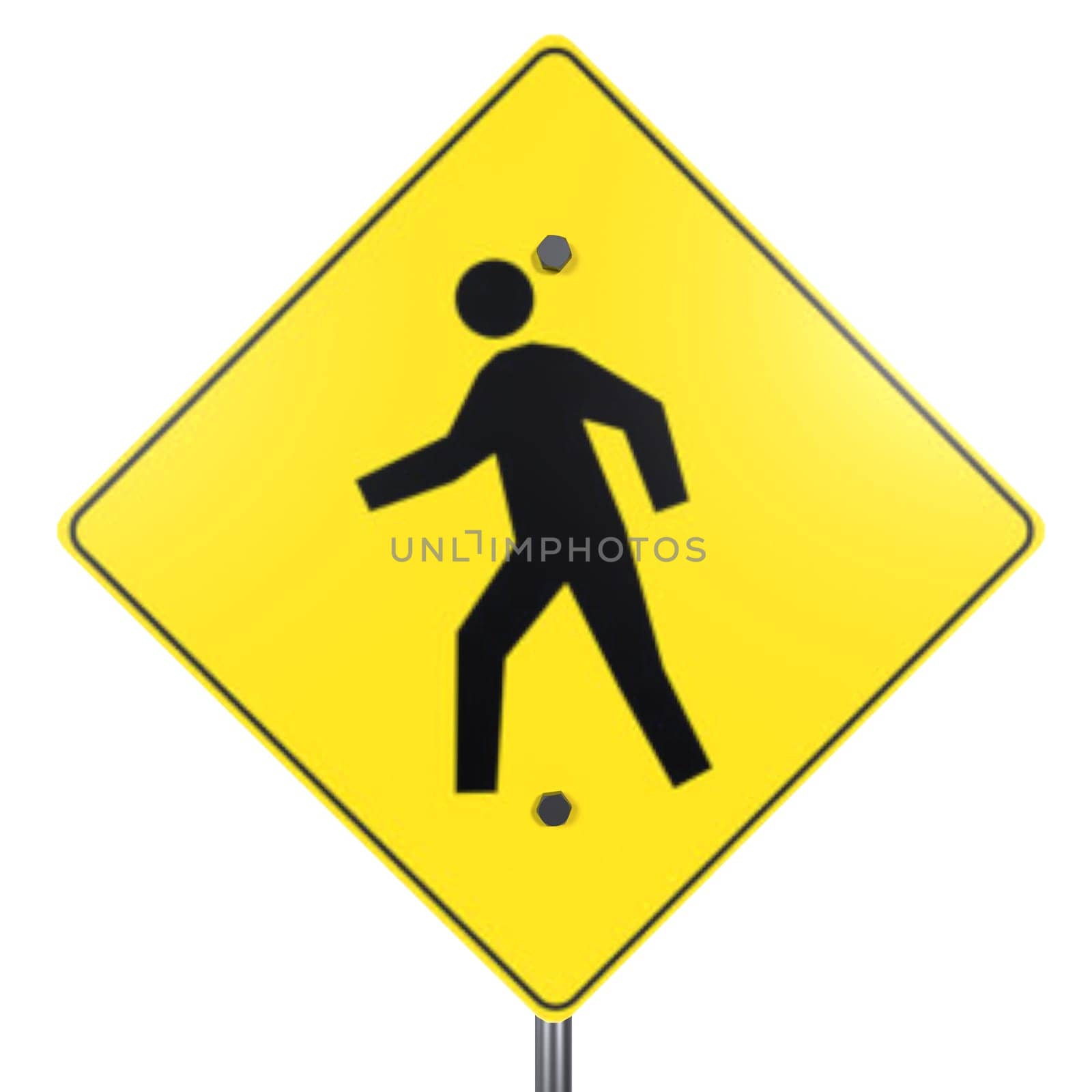 A vibrant yellow pedestrian warning sign with a human figure depicted walking.