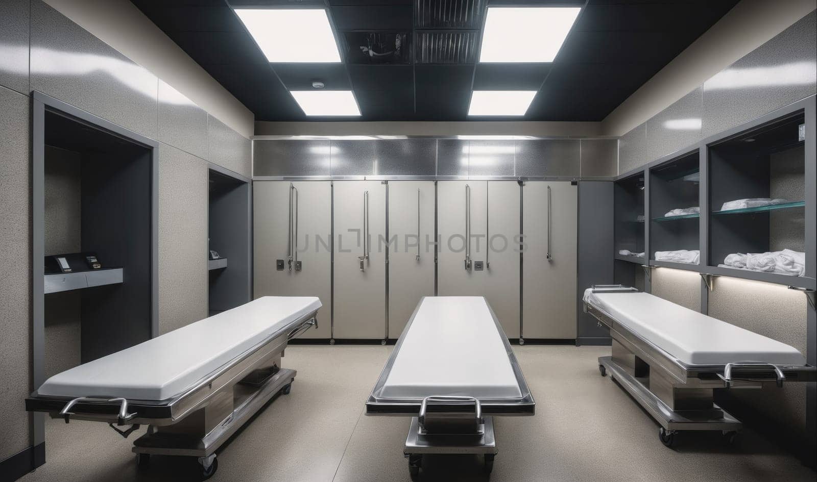 Three gurneys are lined up in a sterile, white room. The room has a tiled floor and a gray ceiling with recessed lighting. There are white cabinets and shelves around the room and the gurneys have white padding.