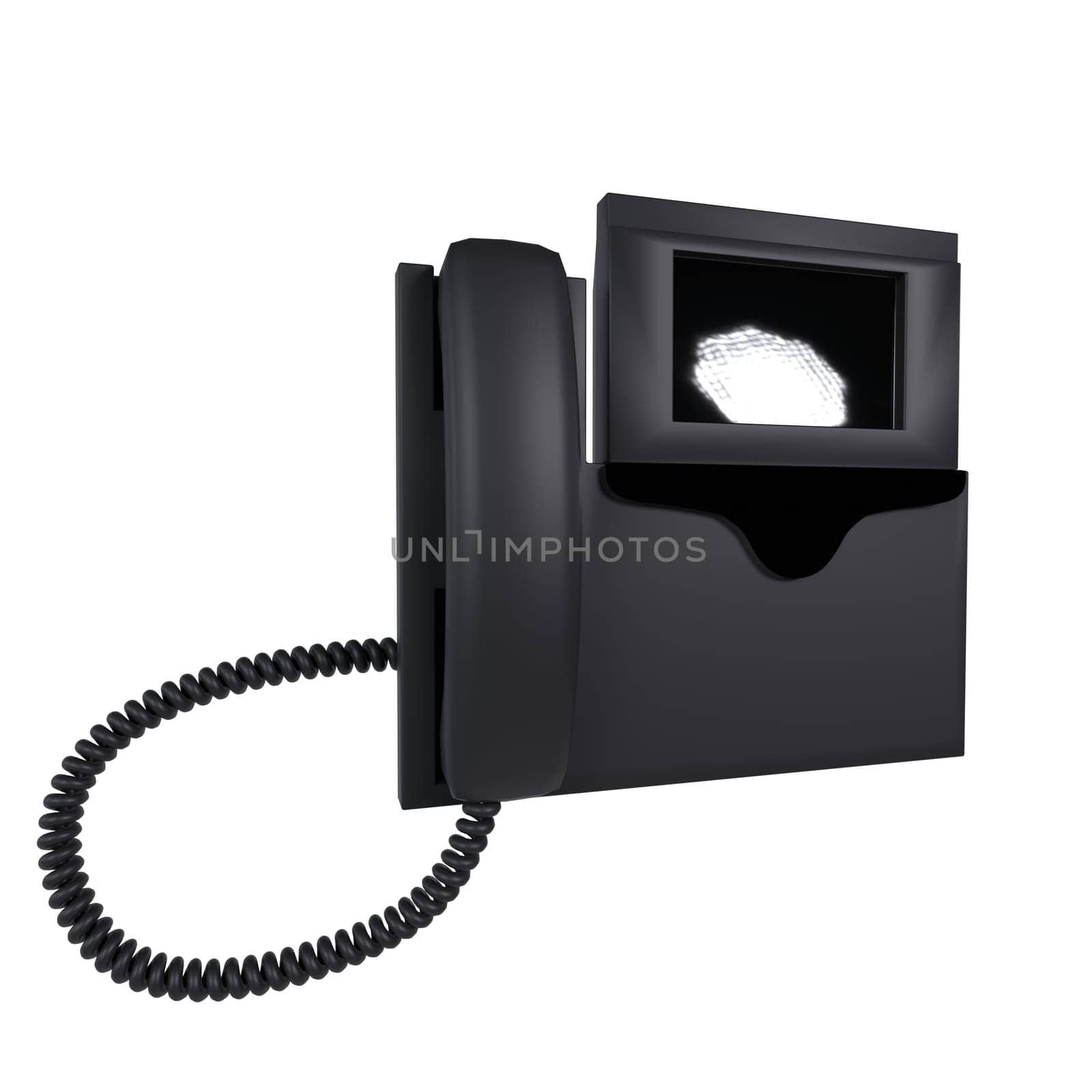 A minimalist black wall-mounted phone is designed for contemporary office environments.